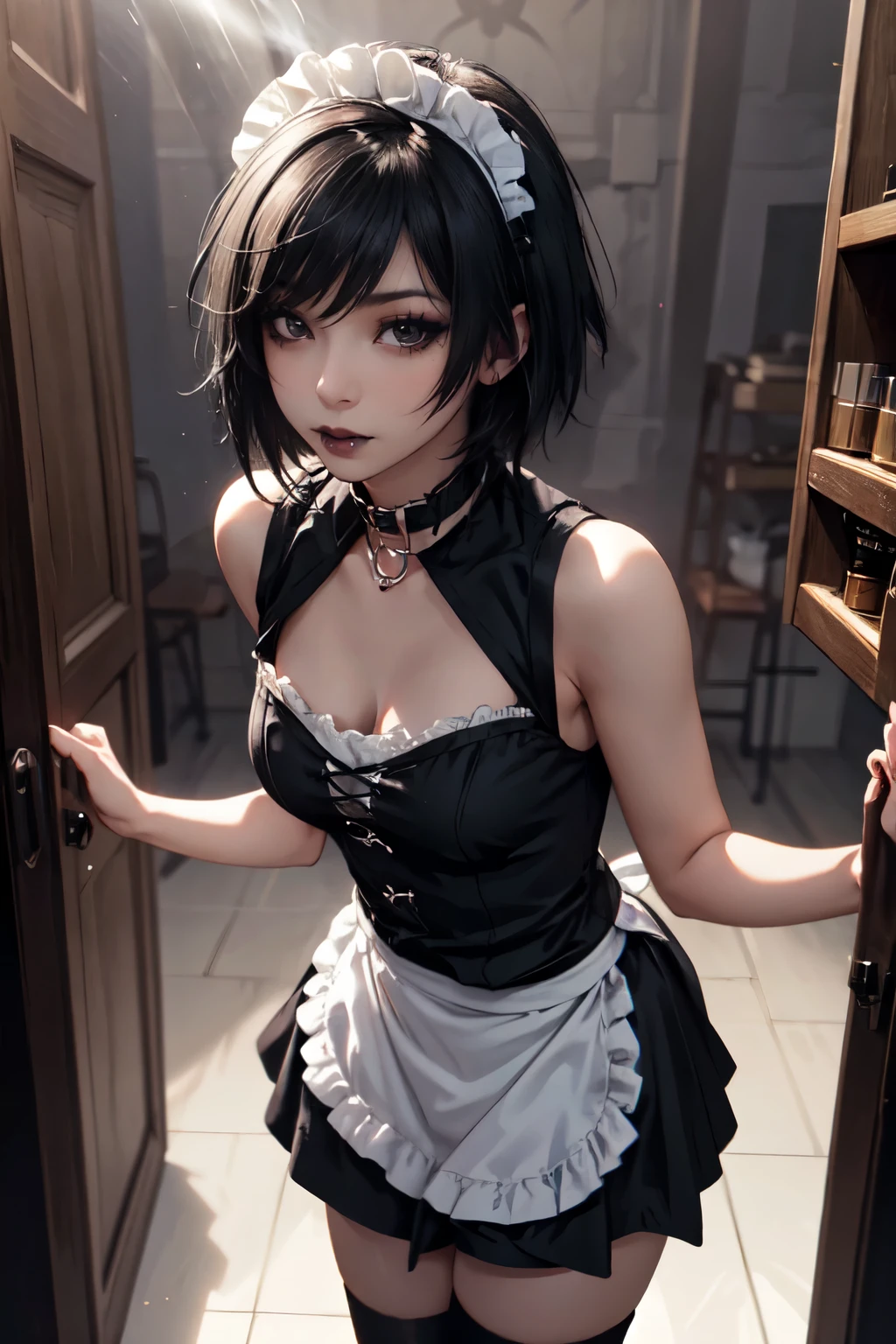 Girl, woman, emo_hairstyle, black lipstick, dog collar, eyeliner, eye shadow, smoky eyes, realistic lighting, short hair, maid outfit, short skirt, high fantasy, standing up, sleeveless, maid cafe, serving people.
