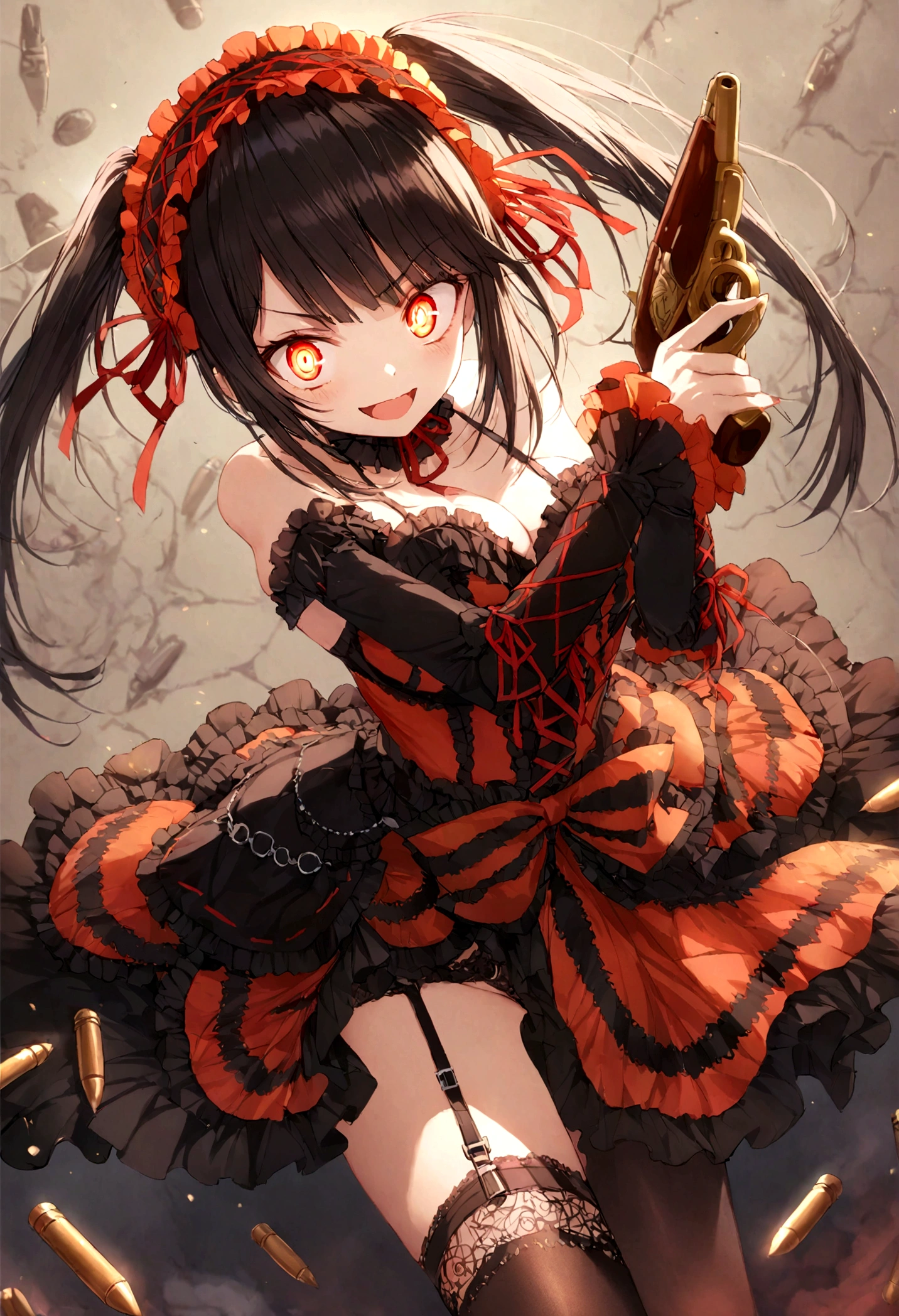 crazy, devil eyes, Tokisaki Kurumi, holding guns, bullets