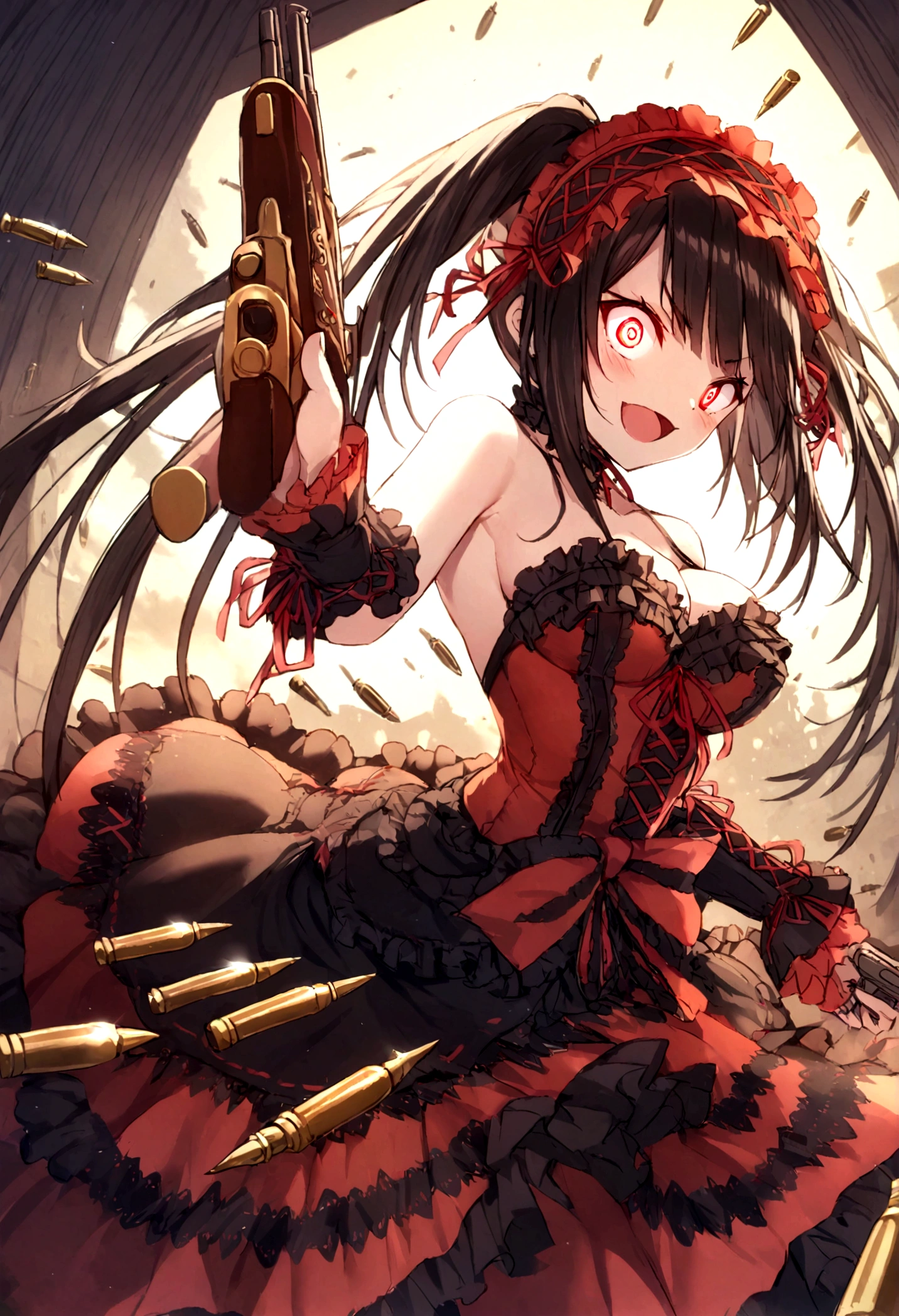 crazy, devil eyes, Tokisaki Kurumi, holding guns, bullets