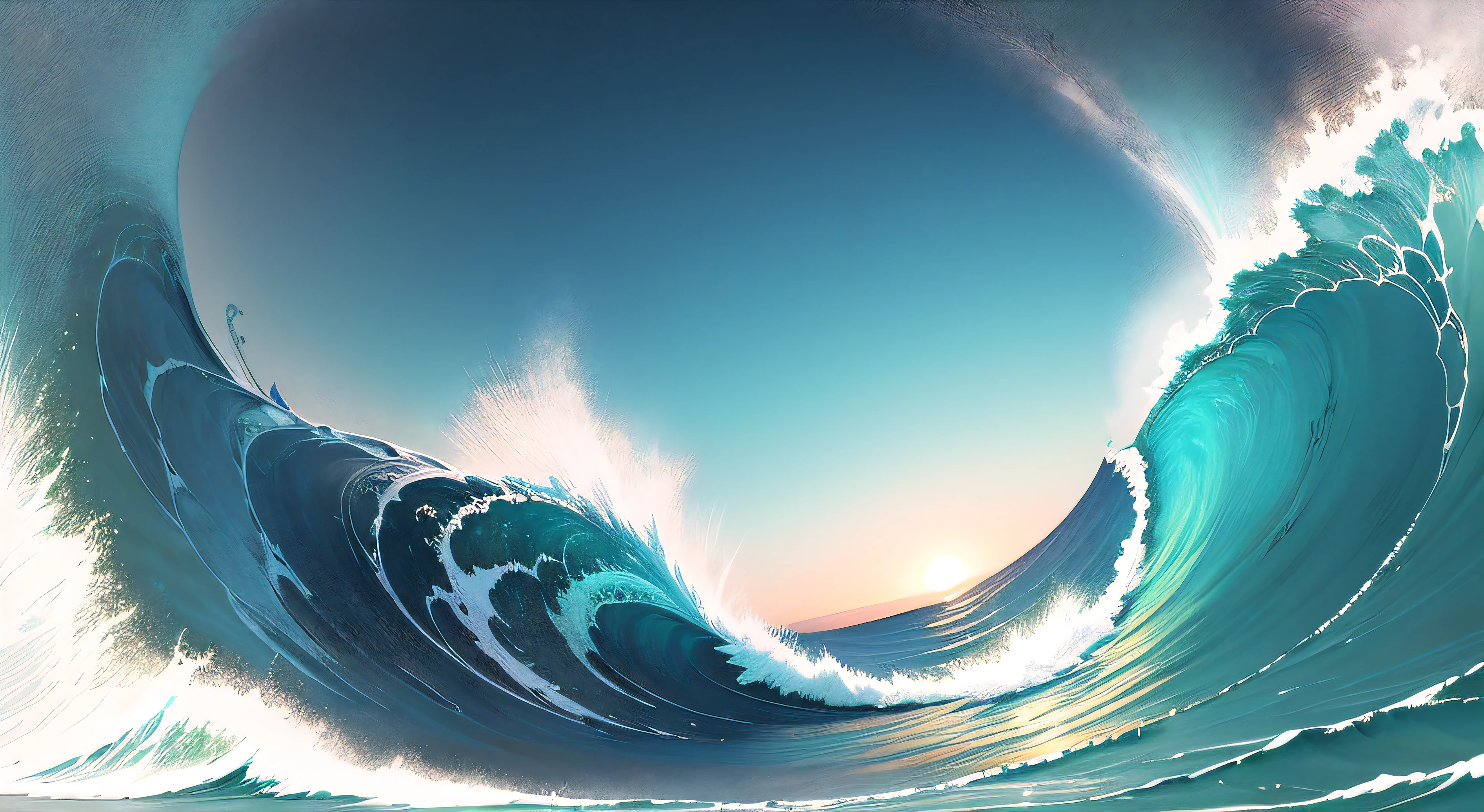 peinture de paysage、(clarification:1.3)、JPN。en mer。The sea as far as the eye can see。vagues douces。dazzling sunlight。
