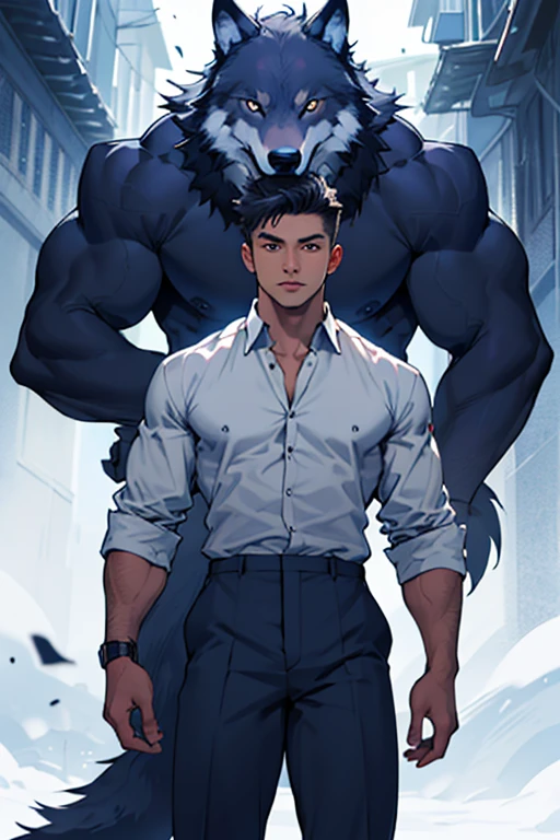 A eare wolf and a boy , the wolf is standing behind the tall ,brave ,handsome boy , the boy is wearing a trouser and a shirt