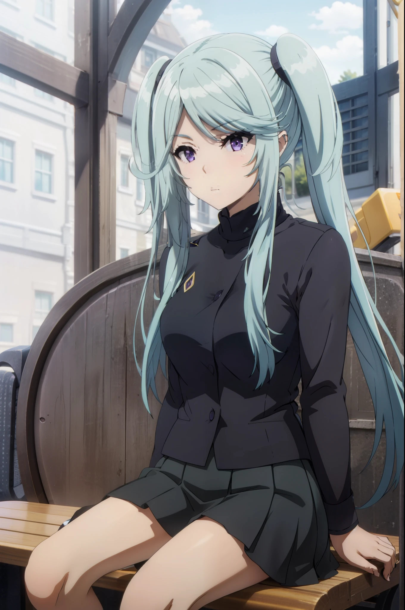 1girl, twintails, purple eyes, long hair, blue hair,uniform,skirt,sitting on the bench,from below