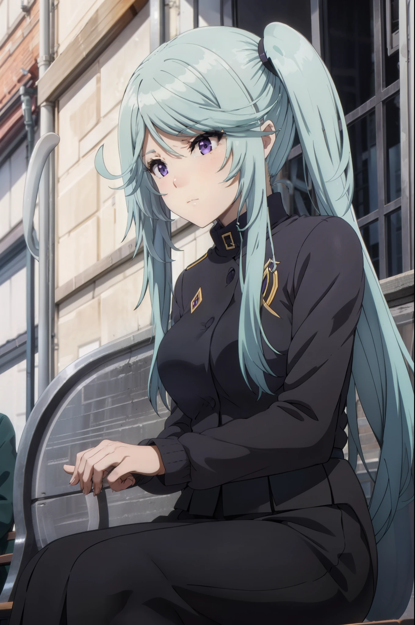 1girl, twintails, purple eyes, long hair, blue hair,uniform,skirt,sitting on the bench,from below