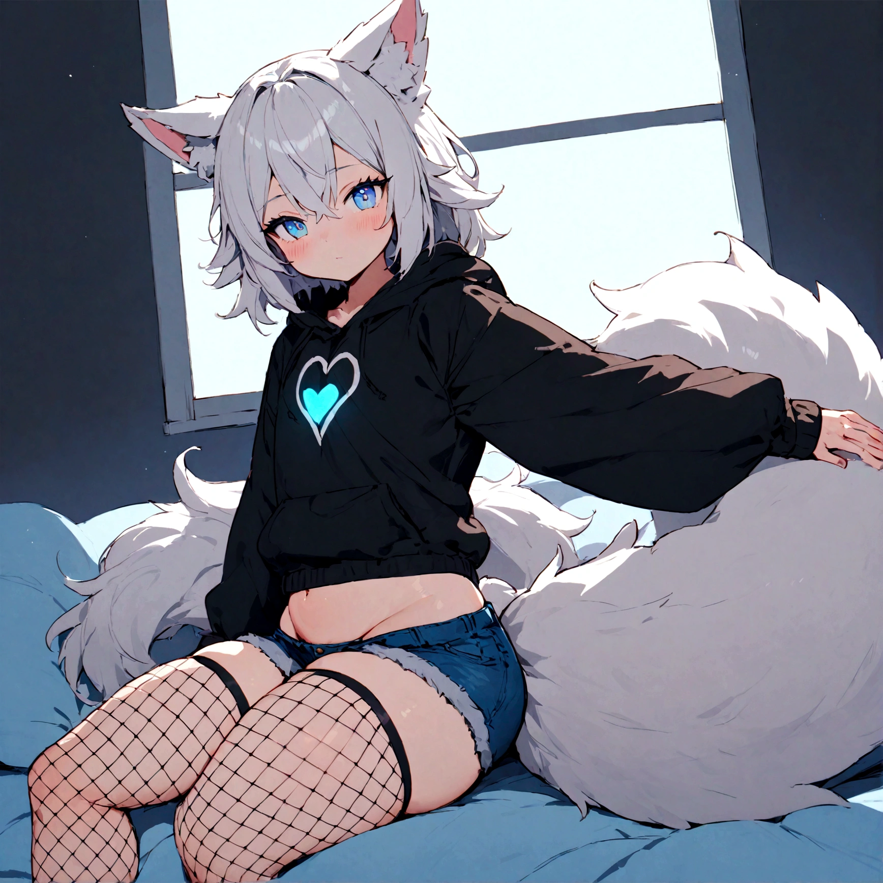a cute adult male with wolf ears, white hair, has a wolf tail, wearing a loose cropped oversized black hoodie, wearing a pair of denim short shorts and fishnet stockings, thick thighs, wide hips, relaxing on mound of fluffy animal plushies, short, very slim, showing slender tummy, stretching out, heart on hoodie, squishy thighs, has glowing blue eyes