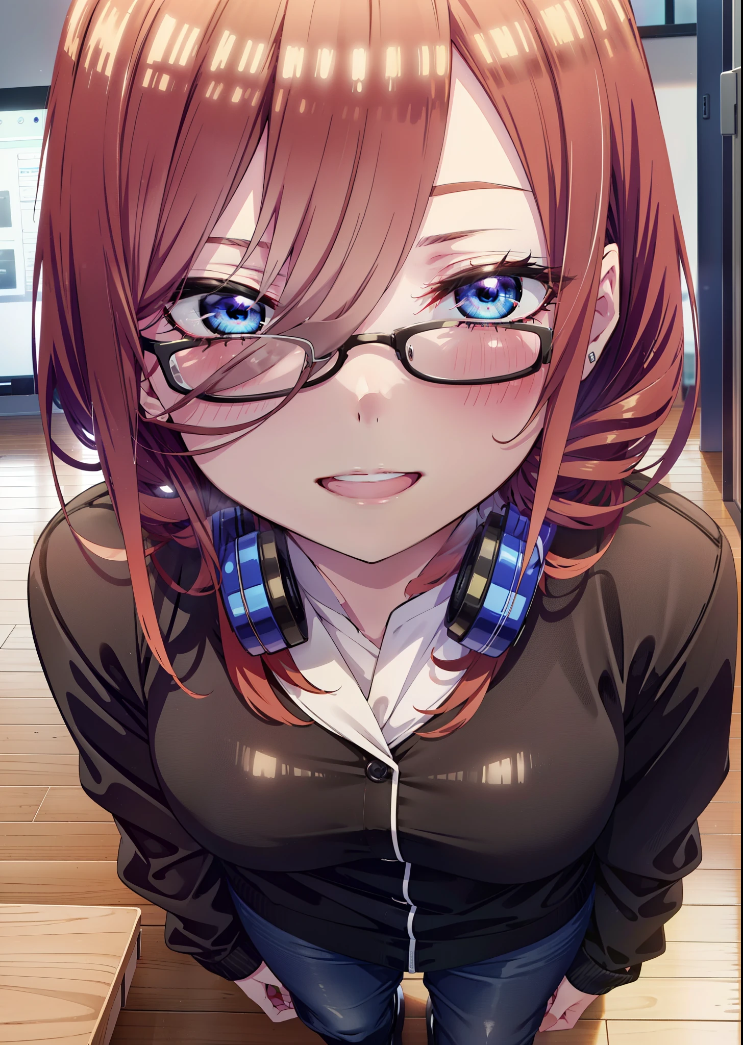 Mikunakano, Miku Nakano, Long Hair, bangs, blue eyes, Brown Hair, shirt, Hair between the eyes, Headphones,Sleeveless dress,skinny pants,Stiletto heels,Black-rimmed glasses,happy smile, smile, Open your mouth,walk,whole bodyがイラストに入るように,Daytime,sunny,There is a computer on the table,
break indoors, office,
break looking at viewer, whole body,
break (masterpiece:1.2), highest quality, High resolution, unity 8k wallpaper, (shape:0.8), (Beautiful details:1.6), Highly detailed face, Perfect lighting, Extremely detailed CG, (Perfect hands, Perfect Anatomy),