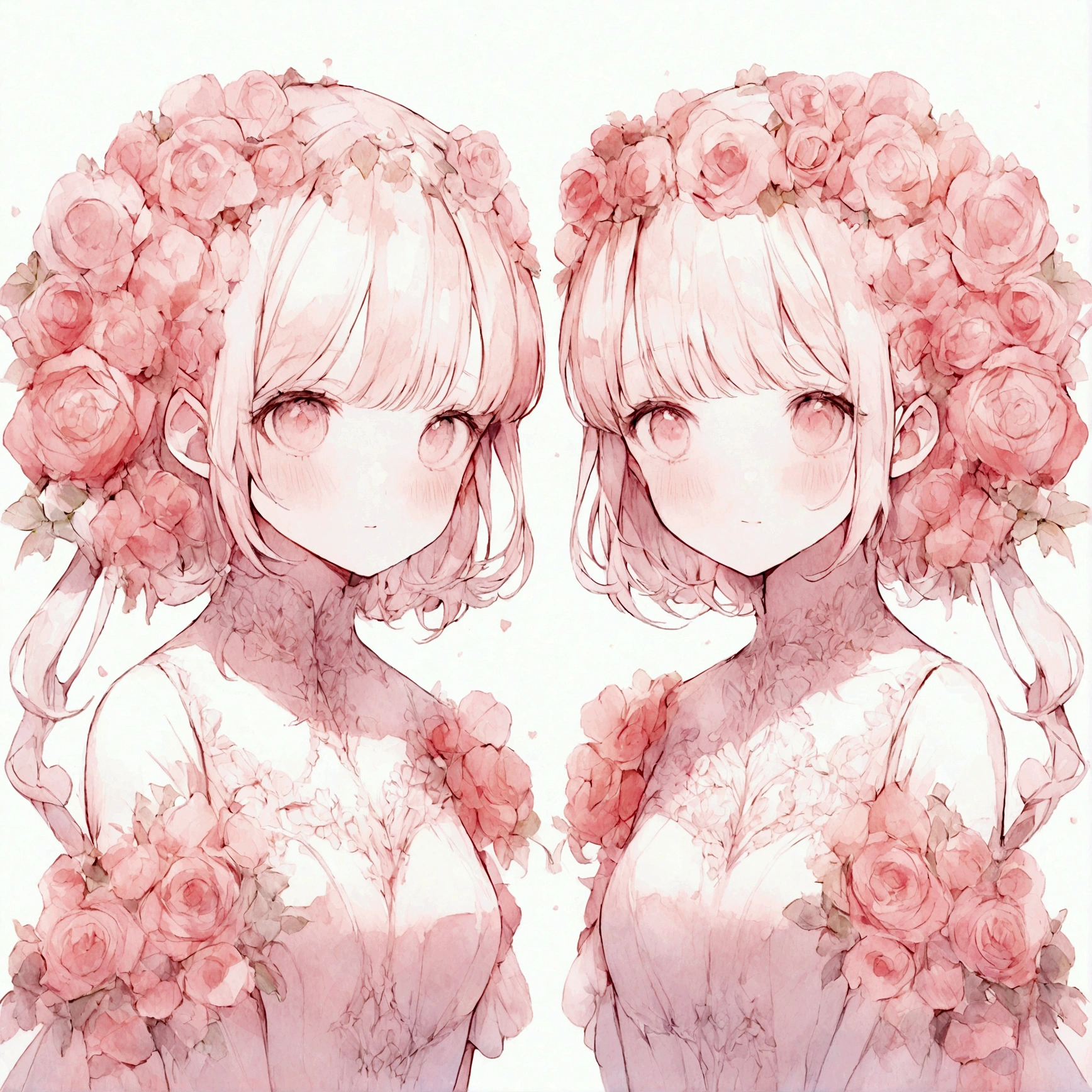 Round flower clusters, whole, Delicate watercolor flowers,Rose,Pink and bright rose color, Charming illustrations,Pure white background