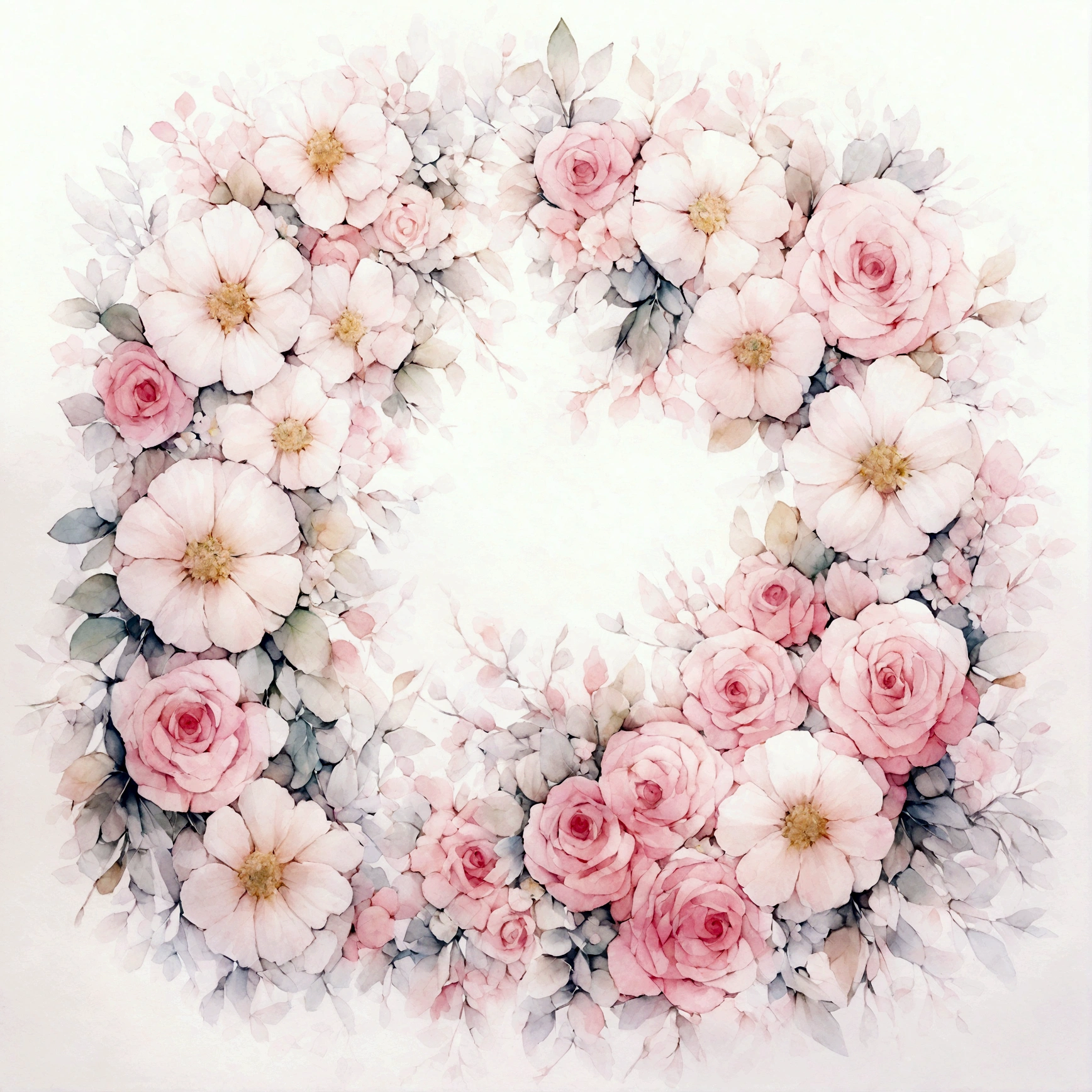 Round flower clusters, whole, Delicate watercolor flowers，Rose，Pink and bright rose color, Charming illustrations，Pure white background