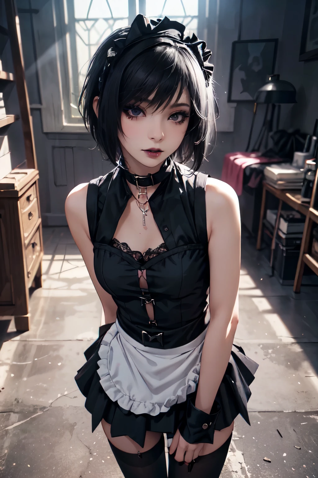 Girl, woman, emo_hairstyle, black lipstick, dog collar, eyeliner, eye shadow, smoky eyes, realistic lighting, short hair, maid outfit, short skirt, high fantasy, standing up, sleeveless.