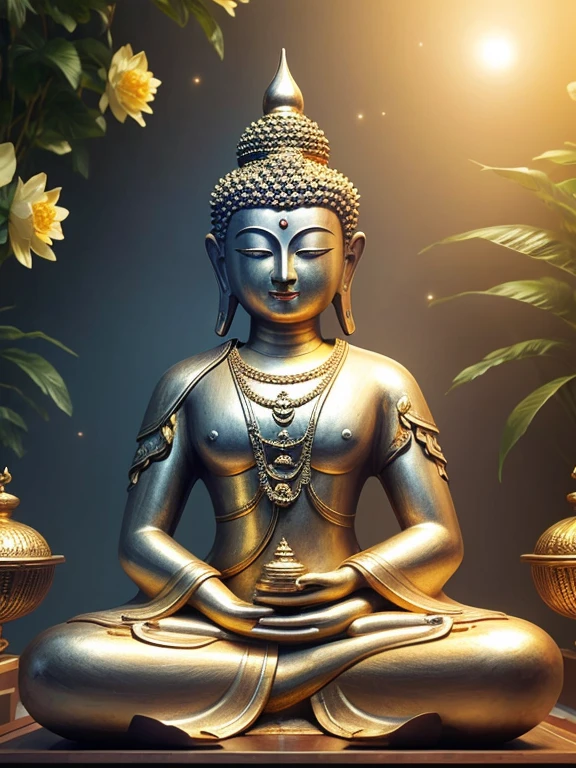 (Buddhist paradise、Gold Dust、Silver、Ruri、agate、Several large crystals)、Kannon Bodhisattva、Amitabha is coming、Detailed eyes、Detailed face、Detailed nose、Detailed ears、Golden aura shining、白Silver色の明るい世界、Seated on a lotus pedestal、Official artwork、(masterpiece、highest quality、High resolution、8k)、The composition is excellent、