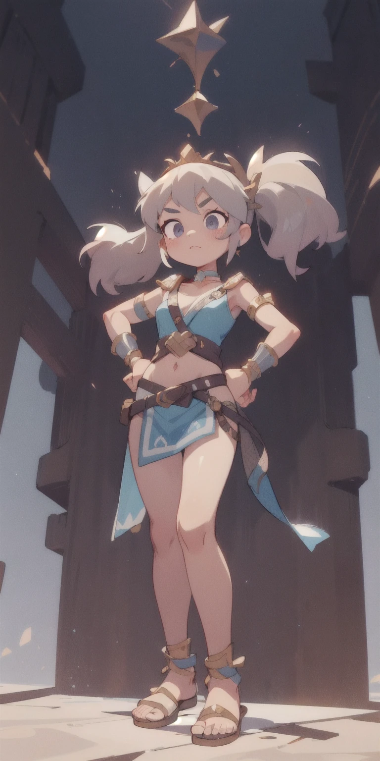 full body, whole body. loincloth standing, hands on hips full body, 1solo (girl). slave fighter, metal sandals, choker, big belt, view from below, feet together, bracers, tiara