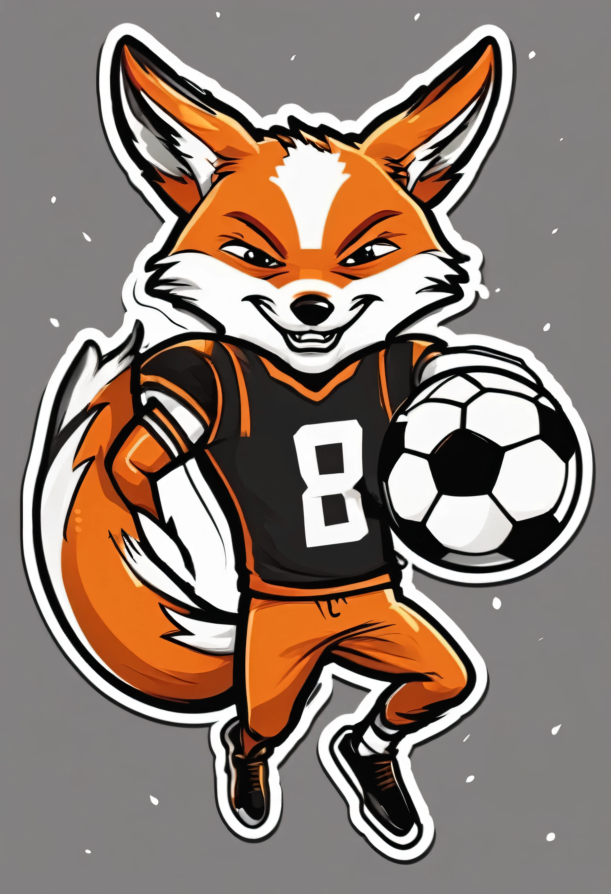 stickers character fox football player with angry and jumping with the ball in Vladimir Suteev's style
