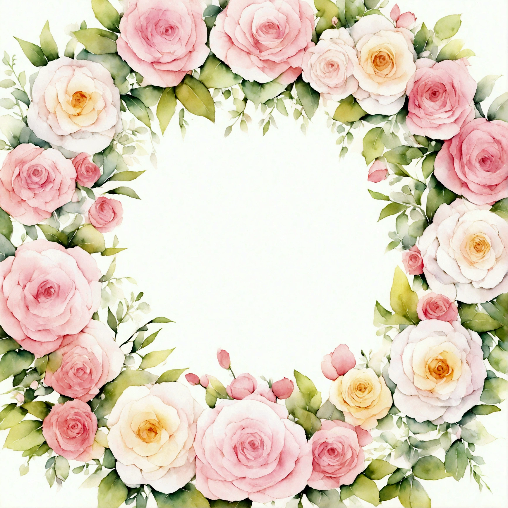 "Round wreath, whole,Flower frame, Delicate watercolor flowers,Rose,Pink and bright rose color, Charming illustrations."