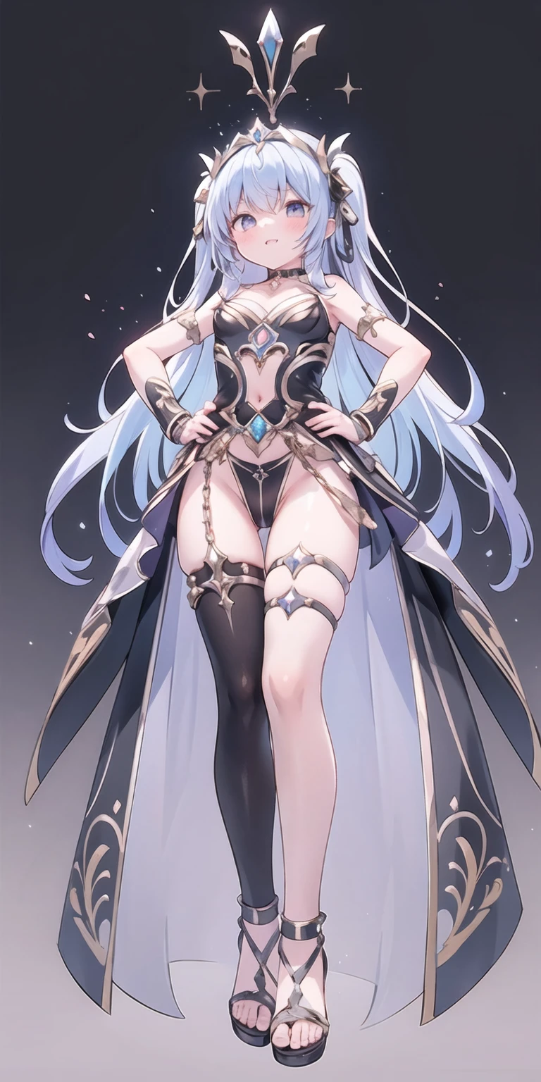 full body, whole body. loincloth standing, hands on hips full body, 1solo (girl). slave fighter, metal sandals, choker, big belt, view from below, feet together, bracers, tiara