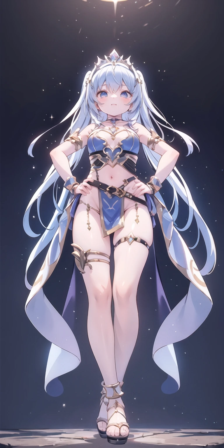 full body, whole body. loincloth standing, hands on hips full body, 1solo (girl). slave fighter, metal sandals, choker, big belt, view from below, feet together, bracers, tiara