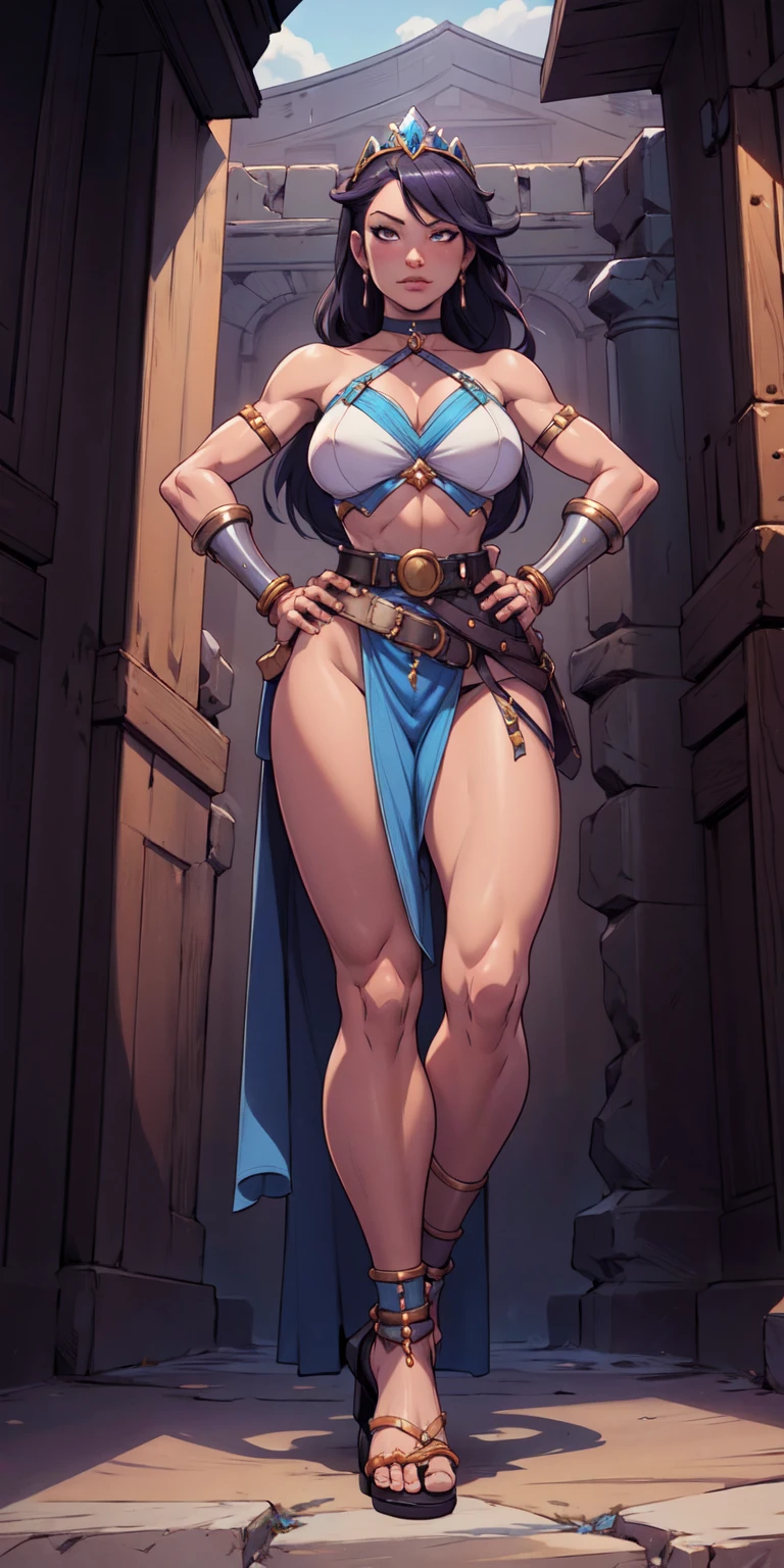 full body, whole body. loincloth standing, hands on hips full body, 1solo (girl). slave fighter, metal sandals, choker, big belt, view from below, feet together, bracers, tiara