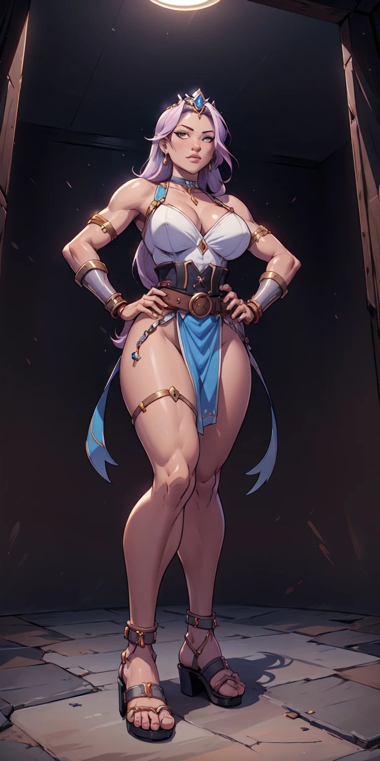 full body, whole body. loincloth standing, hands on hips full body, 1solo (girl). slave fighter, metal sandals, choker, big belt, view from below, feet together, bracers, tiara