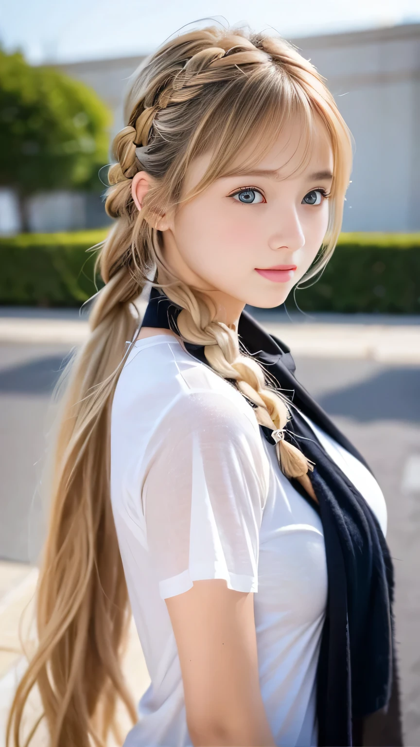 Sexy Big 、Sexy cute looks and cute 15 year old beautiful girl, beautiful and sexy face、A strong wind blows my hair in front of my face、beautiful long blonde French braided hair、beautiful, Cute and sexy eyes hidden behind long bangs