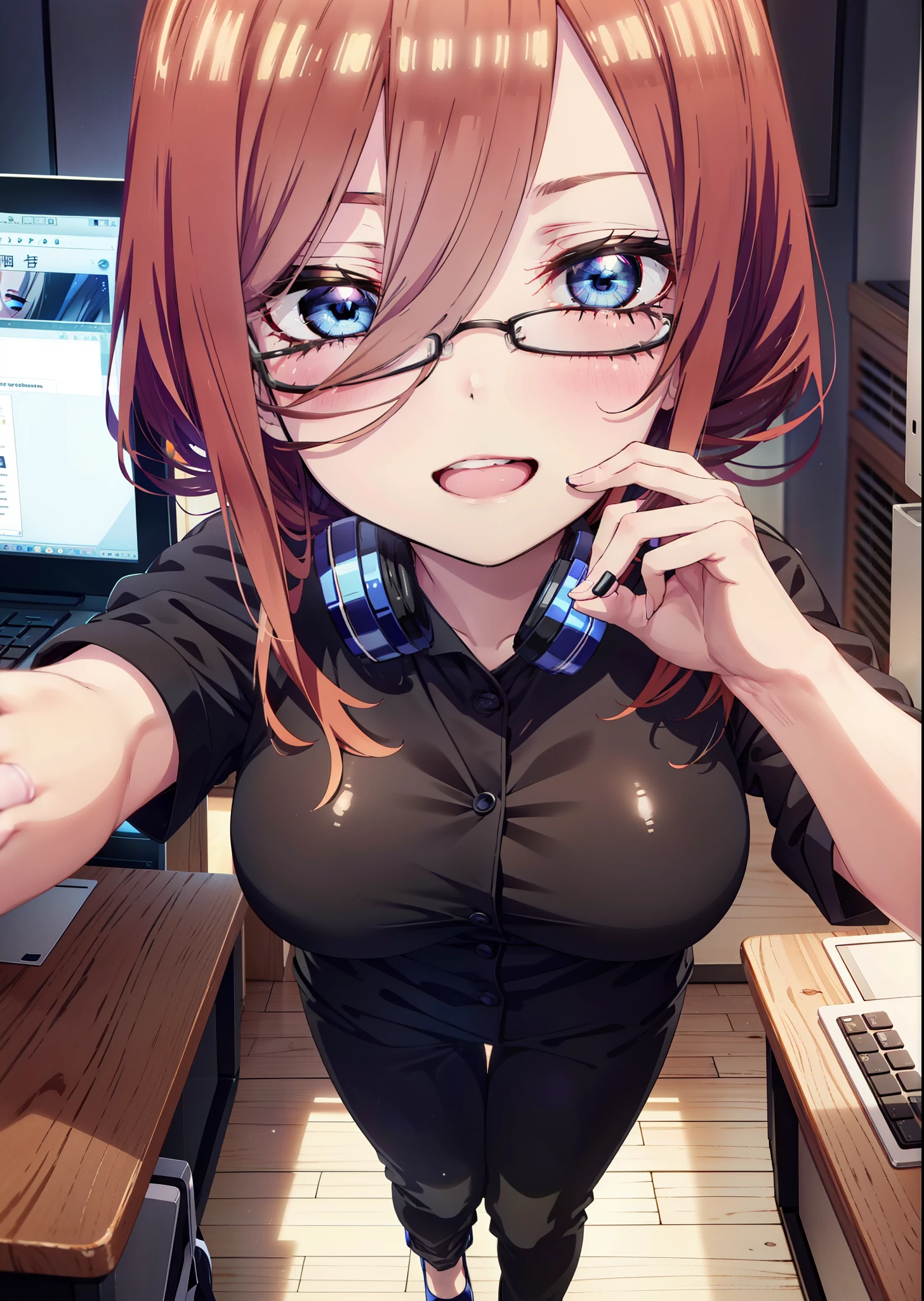 Mikunakano, Miku Nakano, Long Hair, bangs, blue eyes, Brown Hair, shirt, Hair between the eyes, Headphones,Sleeveless dress,skinny pants,Stiletto heels,Black-rimmed glasses,happy smile, smile, Open your mouth,walk,whole bodyがイラストに入るように,Daytime,sunny,There is a computer on the table,歩いている
break indoors, office,
break looking at viewer, whole body,
break (masterpiece:1.2), highest quality, High resolution, unity 8k wallpaper, (shape:0.8), (Beautiful details:1.6), Highly detailed face, Perfect lighting, Extremely detailed CG, (Perfect hands, Perfect Anatomy),