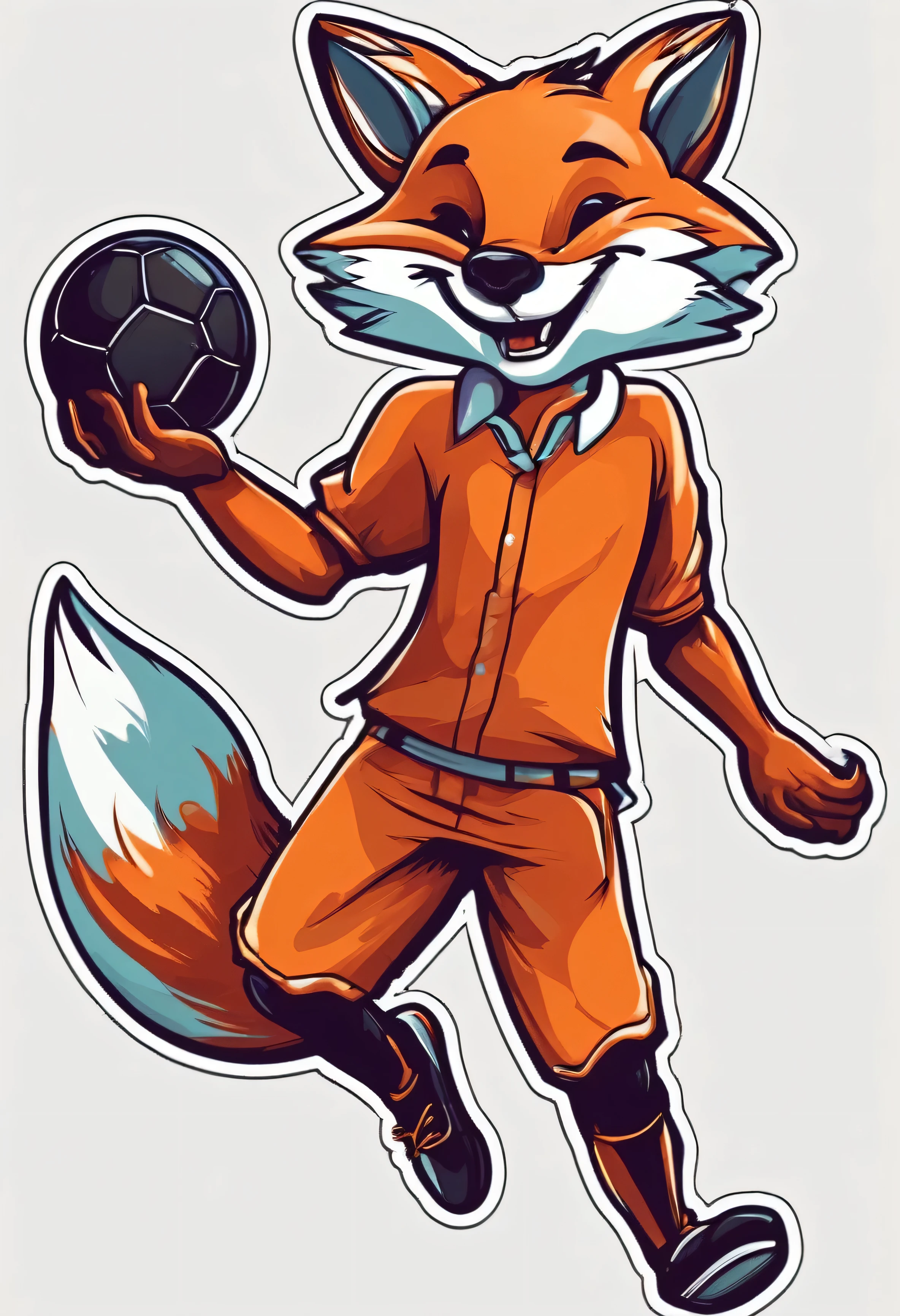stickers character fox football player laughing and jumping with a ball in the style of Vladimir Suteev