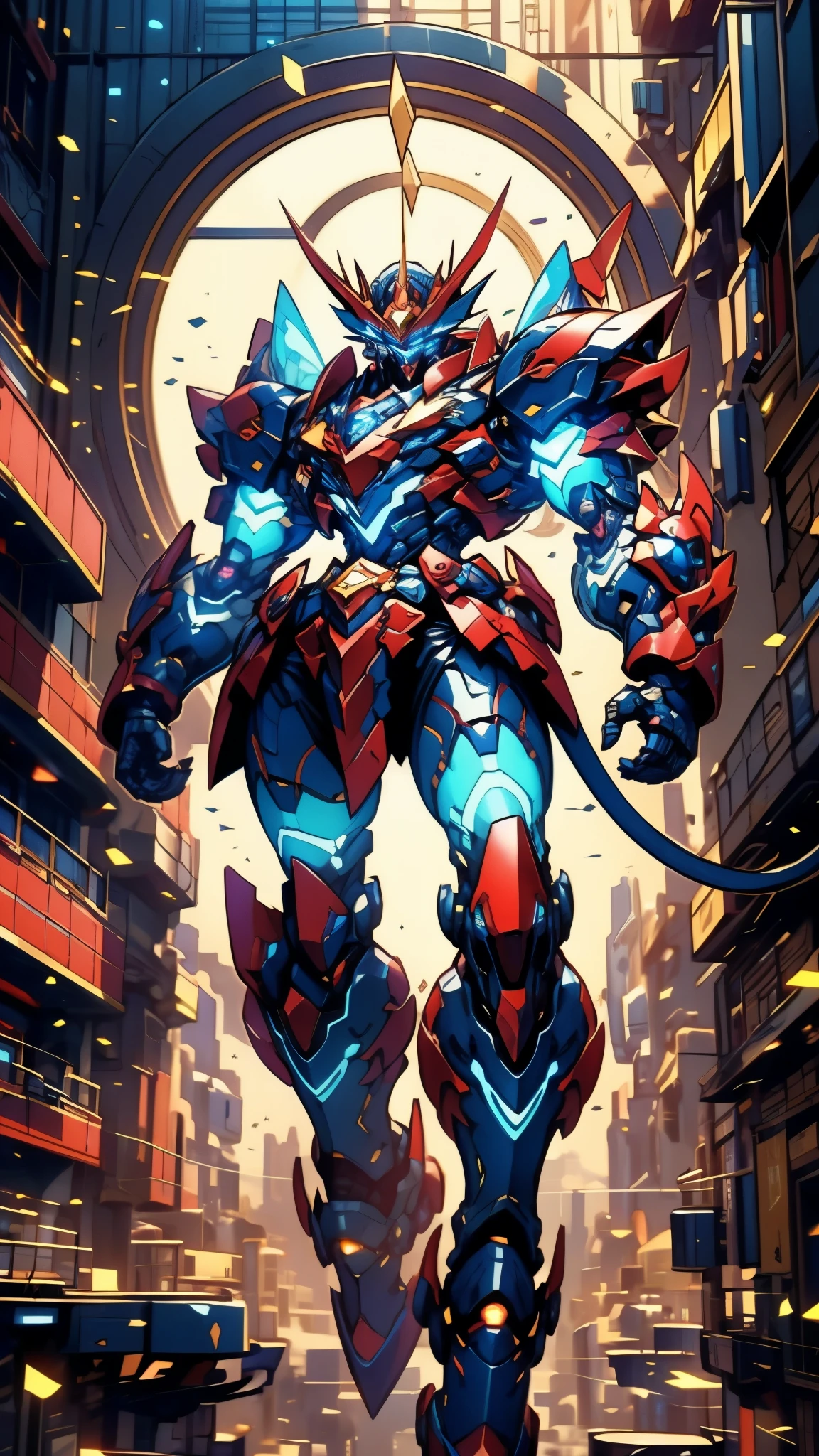 Humanoid Mecha, fully enclosed shoulder guards, matching arm and leg guards, full body, full armor, super robot, the design balances heavy with agility, (the color scheme is primarily white with red and blue accents, the concept Inspired by super robot, Lion concept chest armor, pose, standing, floating high above the futuristic sci-fi city), exquisite and mature art style, (aura effect, energy, glowing eyes, the armor glows), ((SRS)), metallic, dramatic, high definition, best quality, highres, ultra-detailed, ultra-fine painting, extremely delicate, professional, perfect body proportions, anatomically correct, symmetrical face, extremely detailed eyes and face, high quality eyes, creativity, RAW photo, UHD, 32k, Natural light, cinematic lighting, masterpiece-anatomy-perfect, masterpiece:1.5