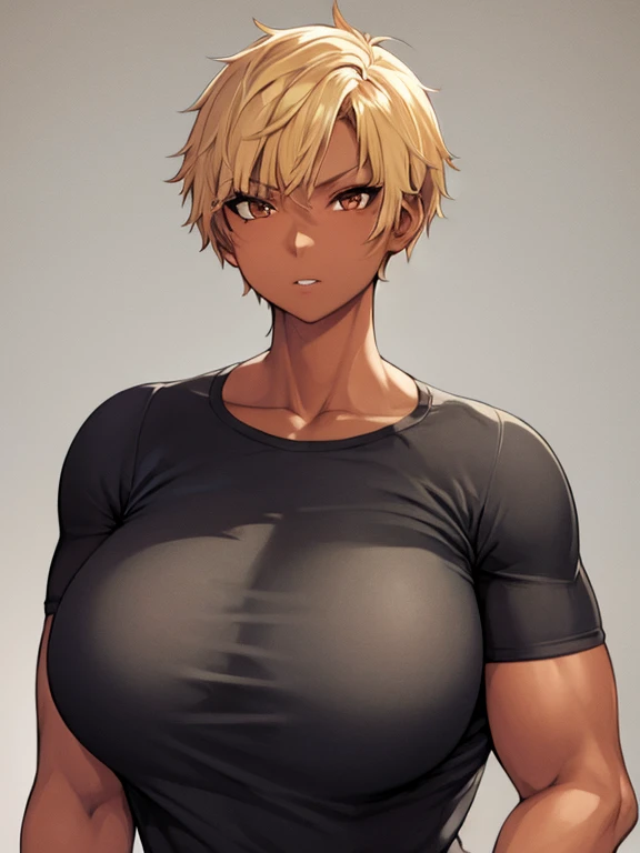 Woman, brown eyes, short hair, blonde color, dark skin, casual clothes, muscular body, big, milf