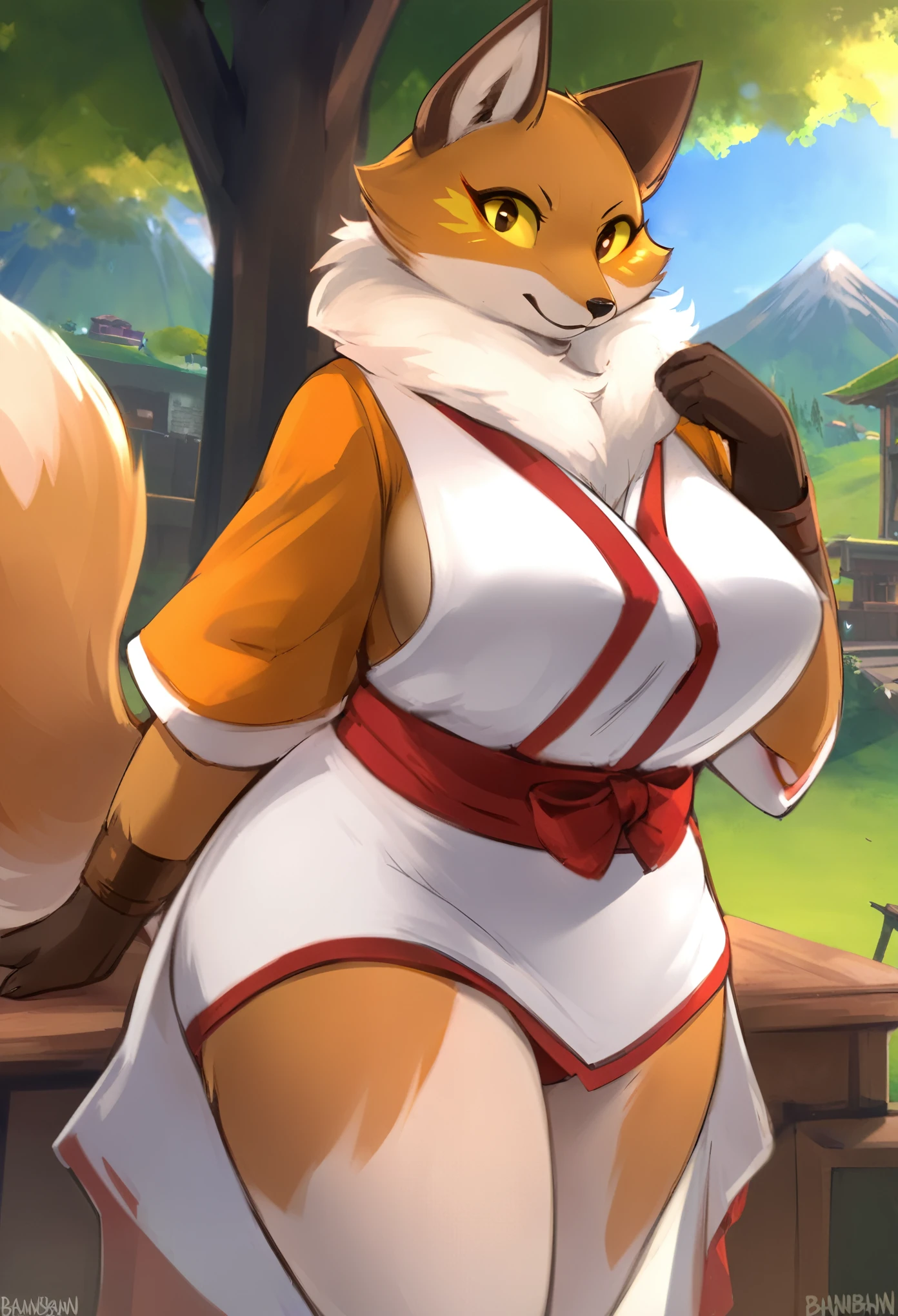 top quality, best quality, by bahnbahn, High-quality illustrations, masterpiece)(kemono, furry anthro, alone), round, female, fox, Fennix, (Fortnite), furs, tail, wide hips, big breasts, yellow sclera eyes, body movement, shrine maiden clothes, shrine maiden panties