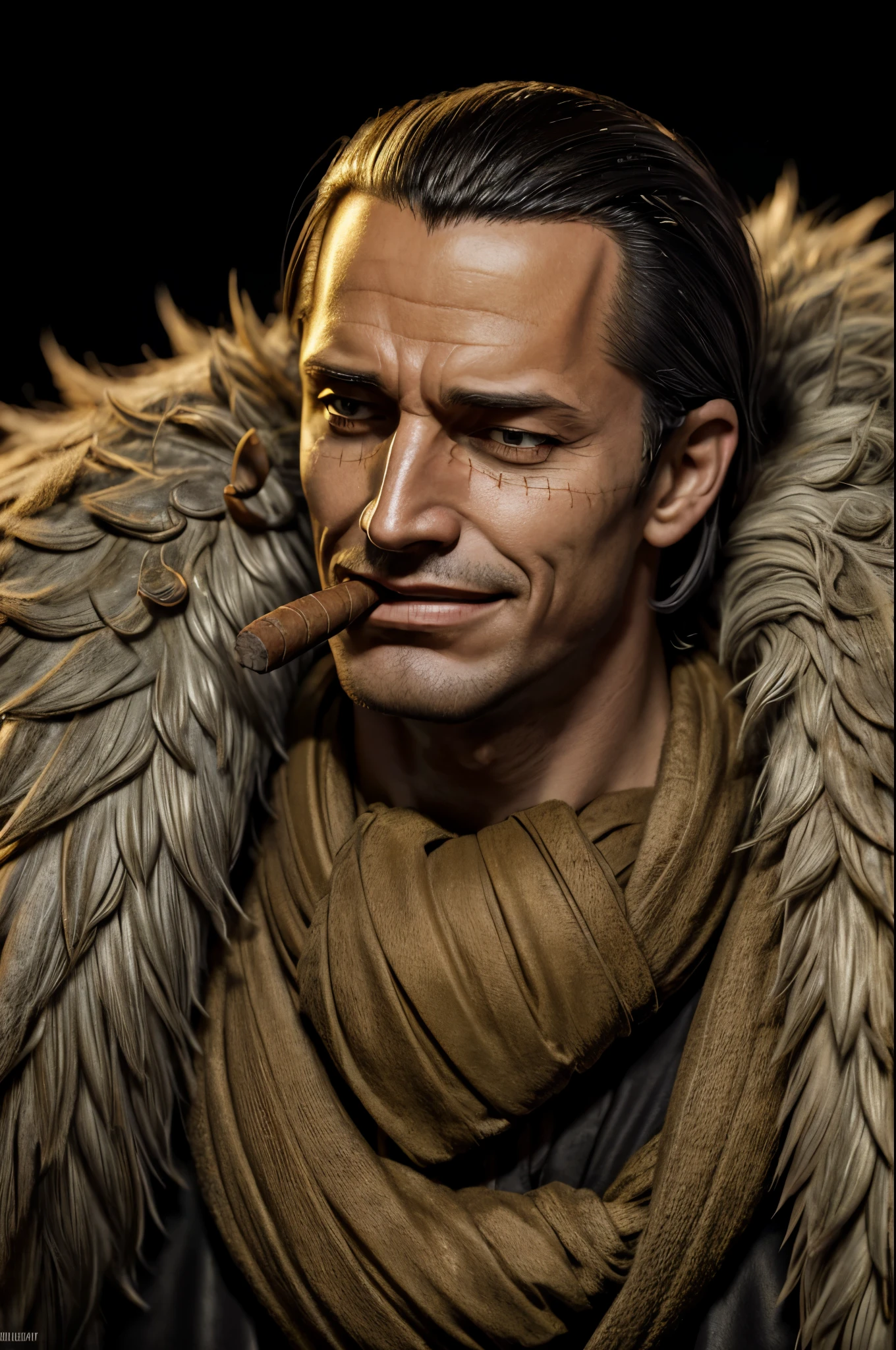 masterpiece, best quality, extremely detailed, hyperrealistic, photorealistic, a cool 40s man, ultra detailed face:1.2, fur-trimmed coat, scarf around the neck, his left hand is a golden pirate hook:1.1, extreme close-up shot, black background:1.1, looking at the right side, cigar, sly smile