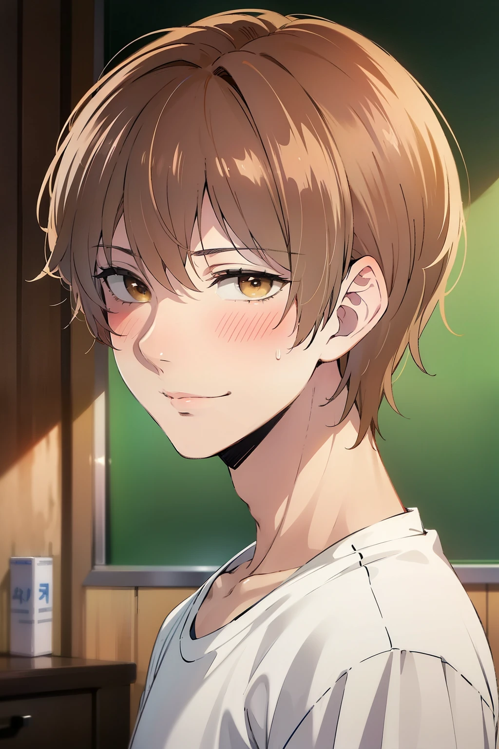 ((best quality)), ((masterpiece)), (detailed), perfect face((best quality)), ((masterpiece)), (detailed), perfect face(((((Solitary)))),24-year-old boy, warm skin, Pupils purple, hanging,Sharp Eyes,,,Male focus, looking at the audience, Upper Body ,brown hair, short hair, Face Focus,aldult, shirt, best quality, Facial details.,Classroom,Smile,Shy,Clean lines