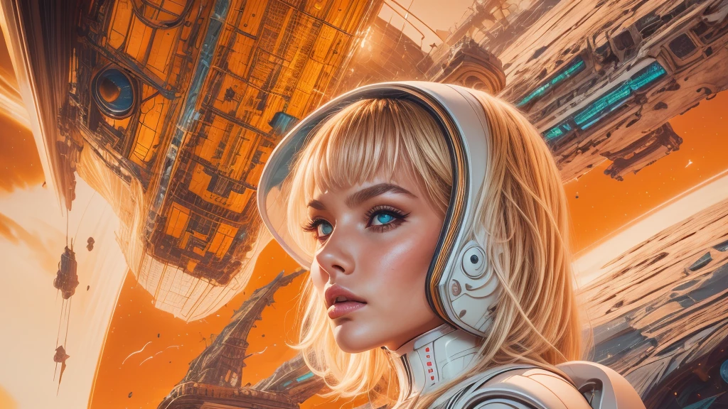 arafed image of a white woman in a futuristic suit with a spaceship in the background, movie art, in front of an orange background, inspired by Robert McGinnis, female protagonist, megastructure in the background, portrait of an ai astronaut, astronauts, an astronaut, portrait of a astronaut skeletor, perfect android girl, detailed eyes, perfectly detailed teeth, frank franzzeta and sakimichan