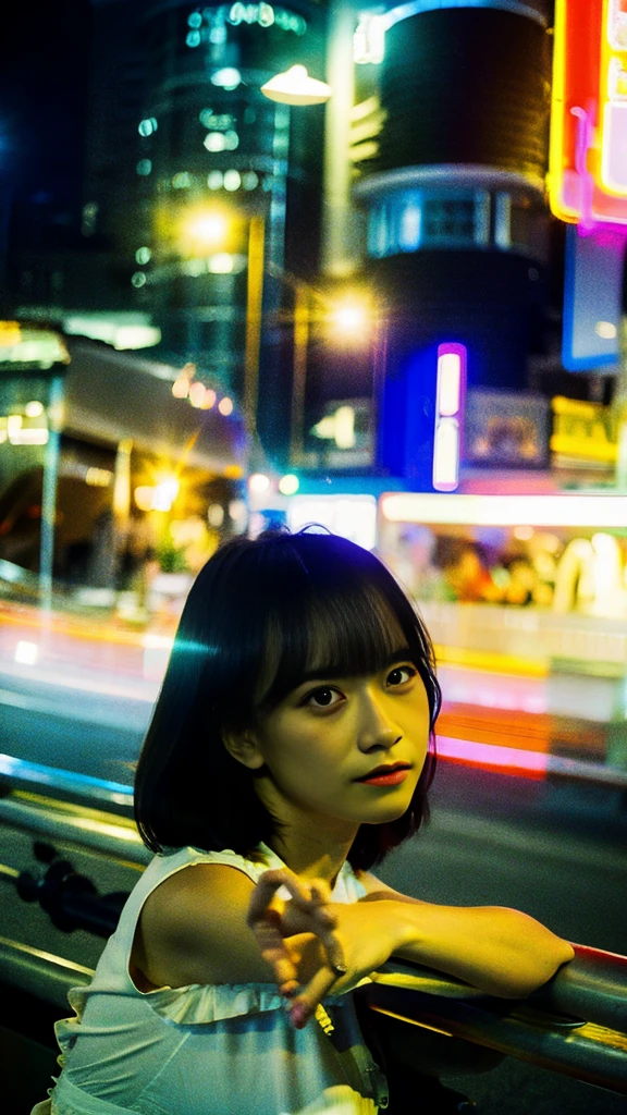 Masterpiece, (best quality:1.4), ultra high res, master photography, young magazine, professional color grading, depth of fields, rule of third, 50mm, film grain, (photorealistic:1.4), cinematic lighting, chromatic abberation, 1girl, wearing dress, detailed face, detailed eyes, lookingto the camera, front view, cowboy shot, Hong Kong street background, night, city light, blurry background