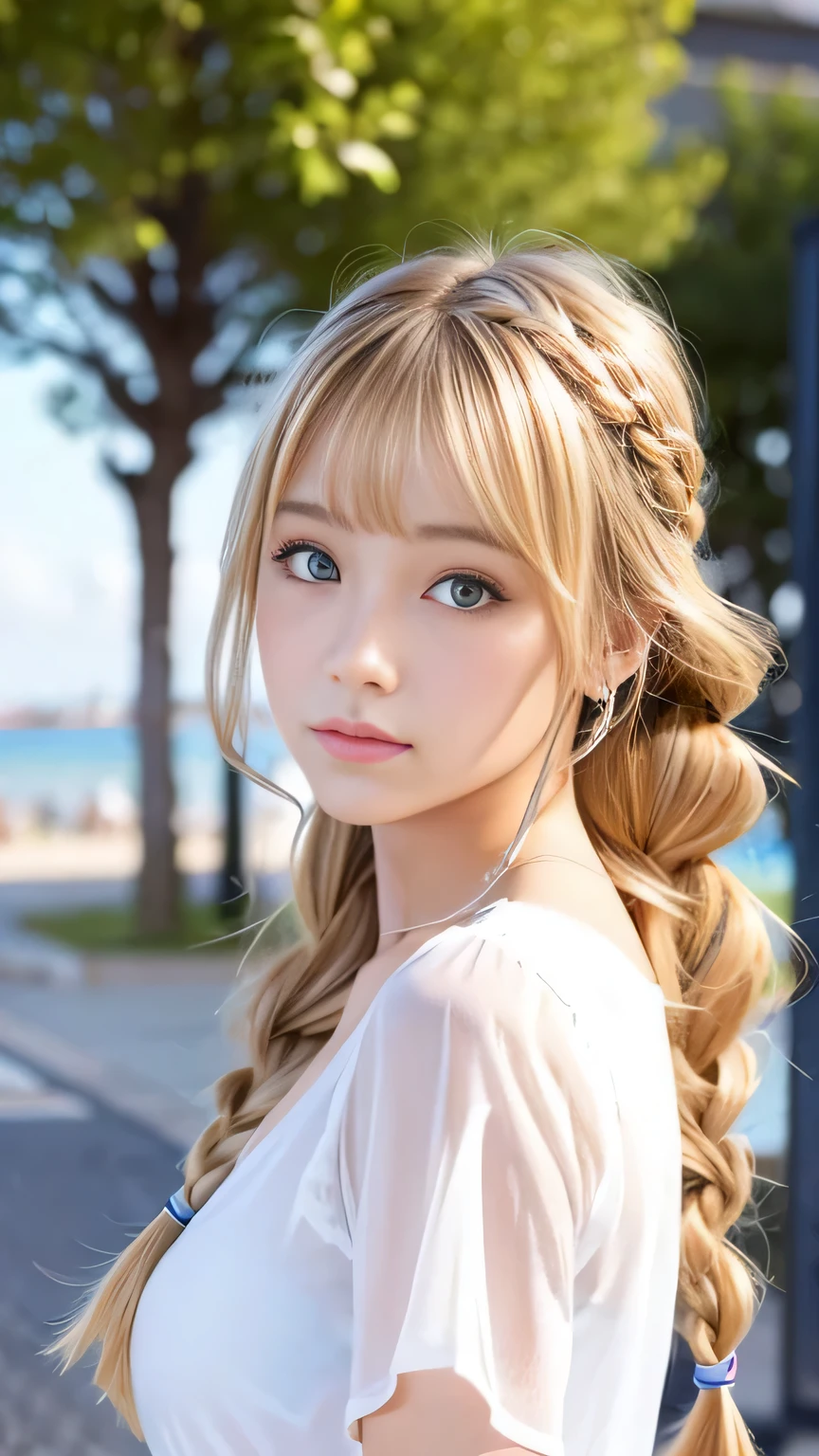 Sexy Big 、Sexy cute looks and cute beautiful girl, beautiful and sexy face、A strong wind blows my hair in front of my face、beautiful long blonde French braided hair、beautiful, Cute and sexy eyes hidden behind long bangs