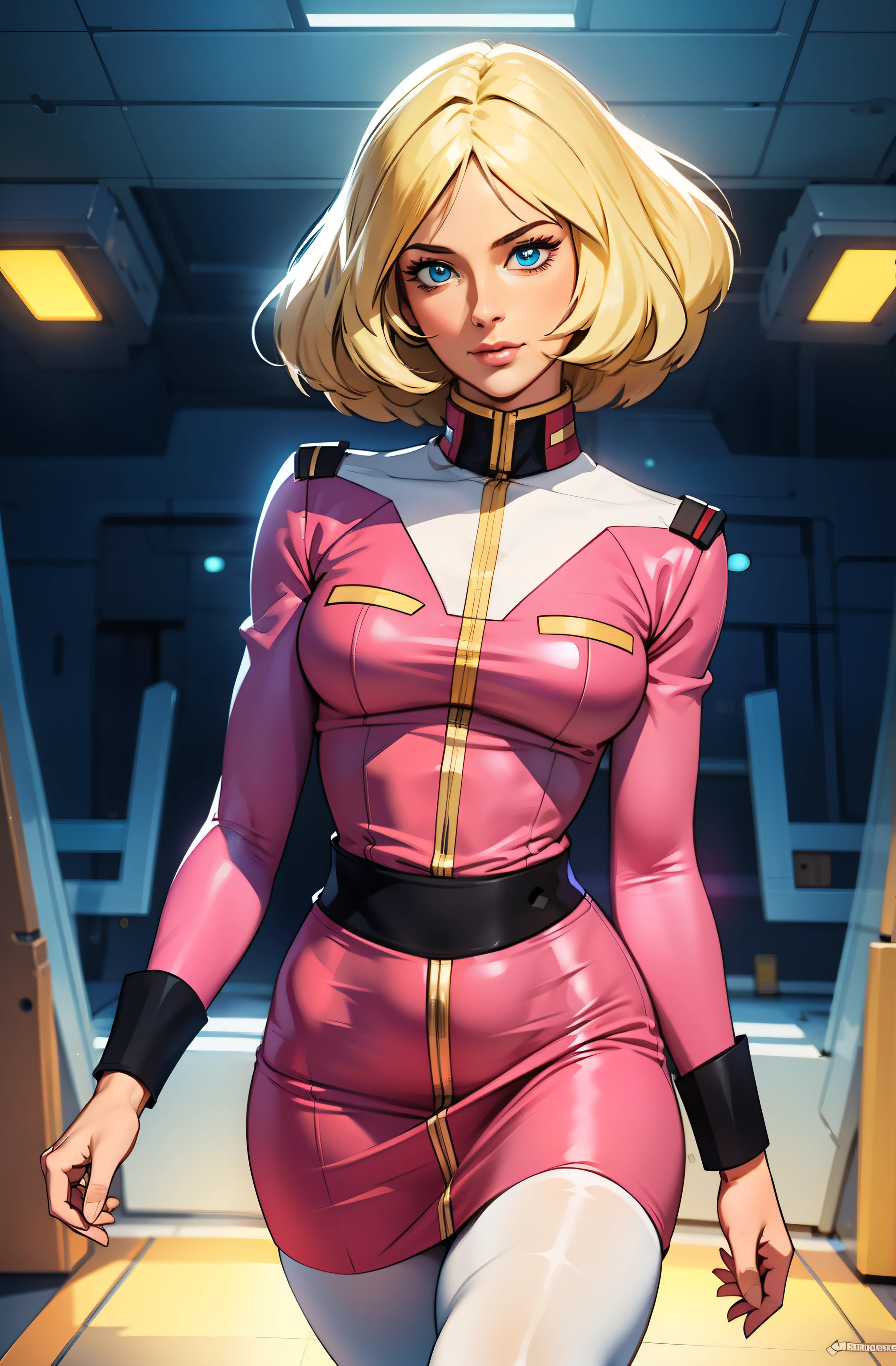 ((masterpiece)), ((cinematic lighting)), realistic photo、Real Images、Top image quality、1girl in, sayla mass, Elegant, masterpiece, Convoluted, slim arms, wide hips, thick thighs, thigh gaps, Best Quality, absurderes, high face detail, Perfect eyes, mature, Cowboy Shot, , Vibrant colors, soft pink uniform, soft pink Skirt, white tights