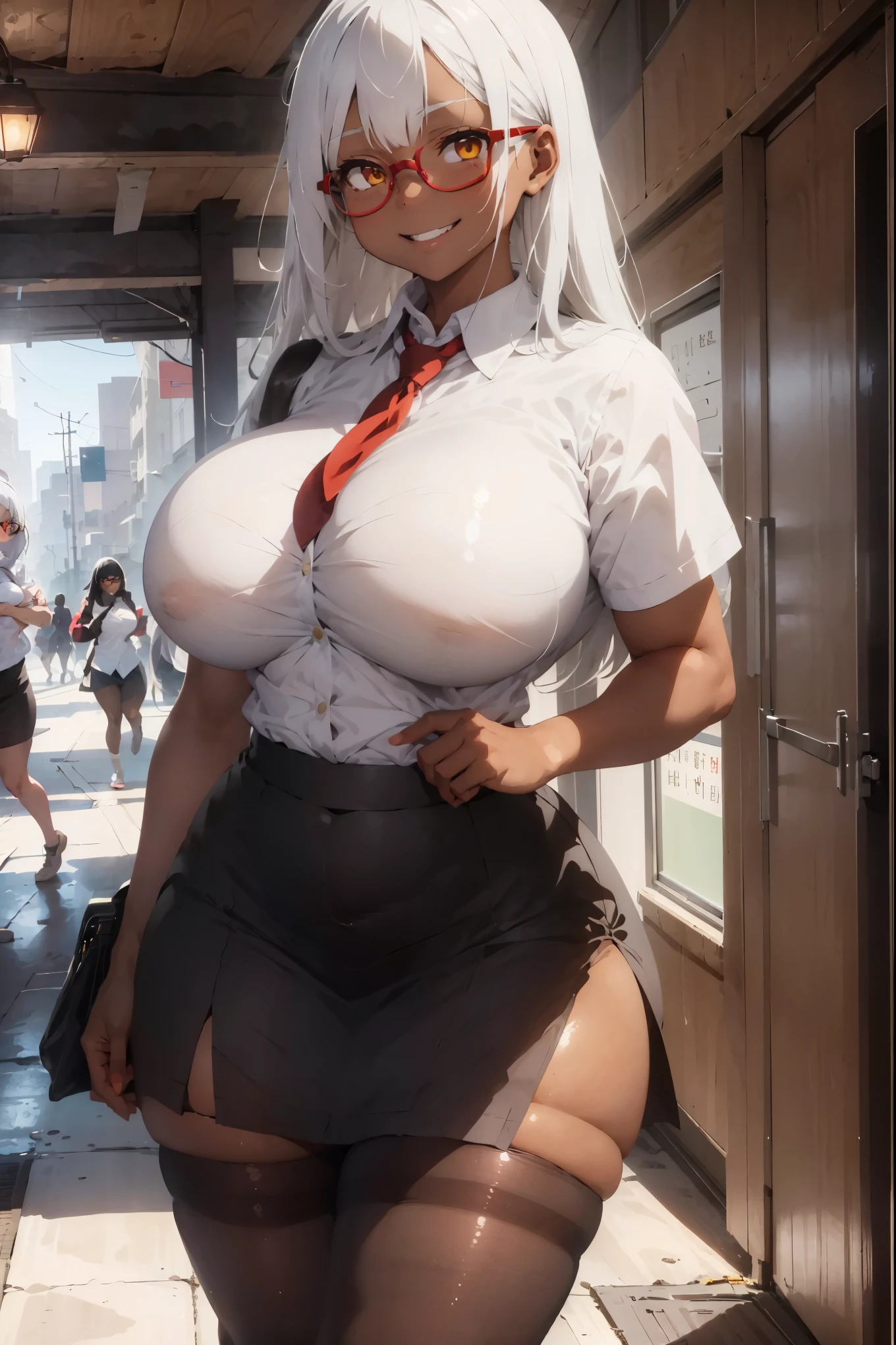 1 Girl, white hair, long hair, teacher, dark skin, Dark-skinned women, white shirt, shirt, Glasses, red Glasses, Yellow eyes, pencil skirt, skirt, Become a, Pantyhose, black Pantyhose, Huge breasts, Thick thighs, Smile, giggle, smug,(((Large Breasts)))
