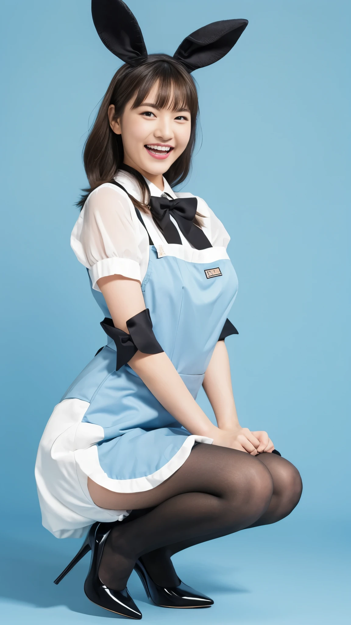 Bunny girl in light blue maid outfit:1.5,Wearing light blue tights:1.5,Big Laugh:1.5,Full Body Shot:1.5,Gray background:1.5,Wearing black high heels:1.5,Short cut side wave:1.5,Crouching:1.5