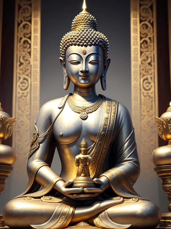 (Buddhist paradise、Gold Dust、Silver、Ruri、agate、Several large crystals)、Kannon Bodhisattva、Amitabha is coming、Detailed eyes、Detailed face、Detailed nose、Detailed ears、Golden aura shining、白Silver色の明るい世界、Seated on a lotus pedestal、Official artwork、(masterpiece、highest quality、High resolution、8k)、The composition is excellent、