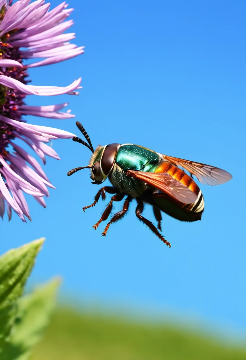 Fabulous cockchafer in flight beautiful flowers blue sky with tints