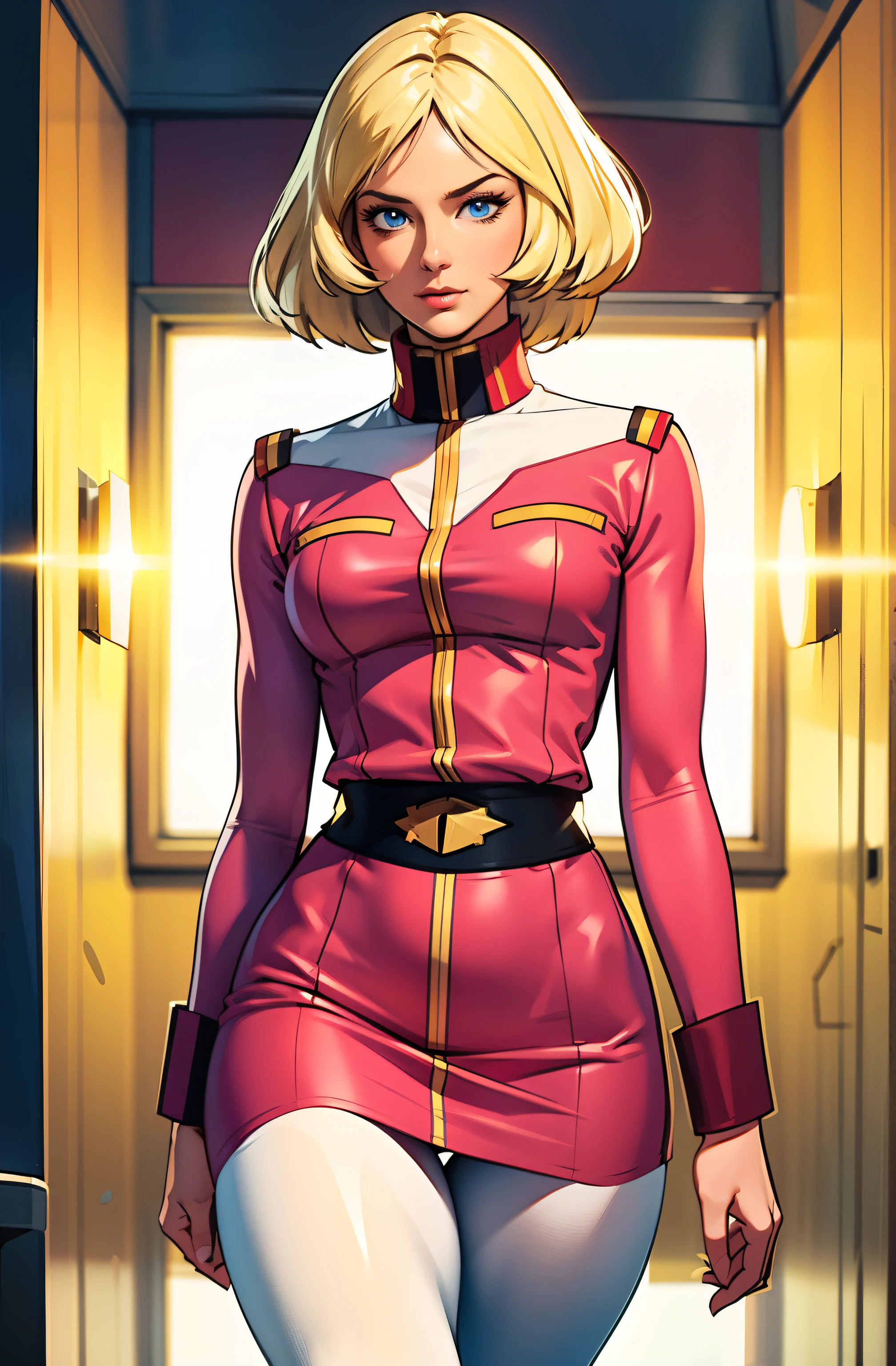 ((masterpiece)), ((cinematic lighting)), realistic photo、Real Images、Top image quality、1girl in, sayla mass, Elegant, masterpiece, Convoluted, slim arms, wide hips, thick thighs, thigh gaps, Best Quality, absurderes, high face detail, Perfect eyes, mature, Cowboy Shot, , Vibrant colors, soft pink uniform, soft pink Skirt, white tights