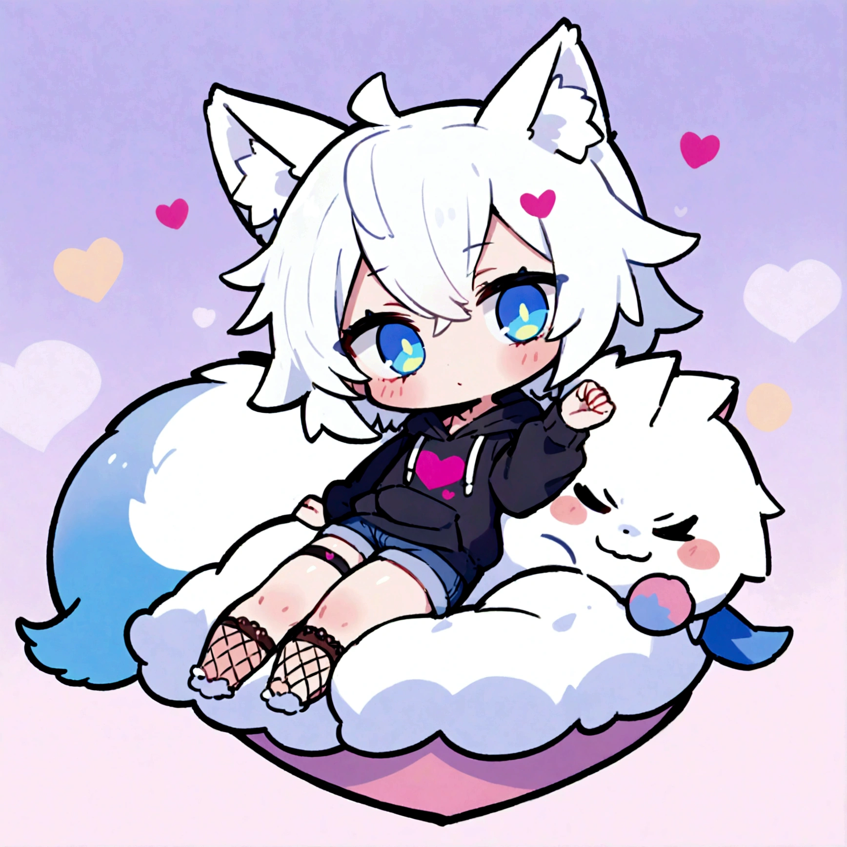 a cute chibi style adult male with wolf ears, white hair, has a wolf tail, wearing a loose cropped oversized black hoodie, wearing a pair of denim short shorts and fishnet stockings, thick thighs, wide hips, relaxing on mound of fluffy animal plushies, short, very slim, showing slender tummy, stretching out, heart on hoodie, squishy thighs, has glowing blue eyes
