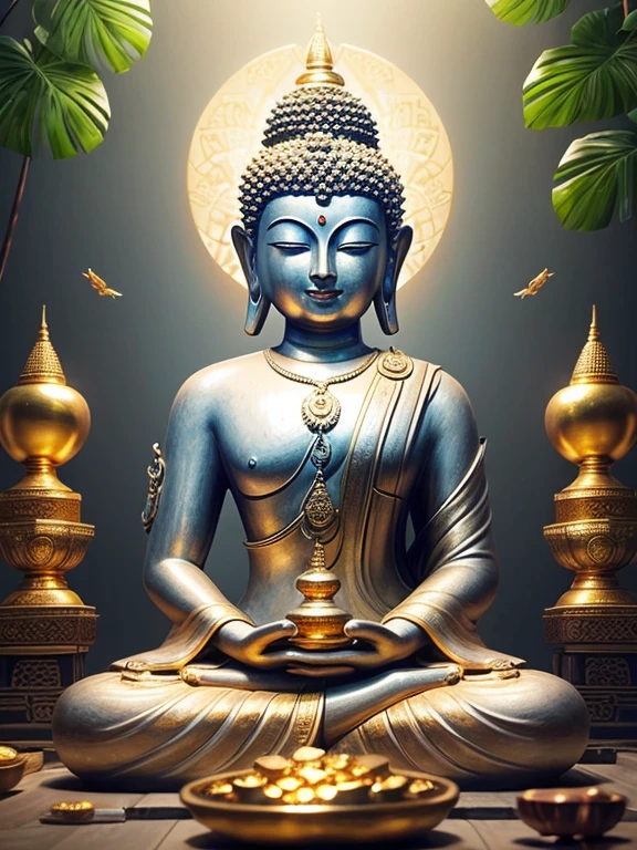 (Buddhist paradise、Gold Dust、Silver、Ruri、agate、Several large crystals)、Kannon Bodhisattva、Amitabha is coming、Detailed eyes、Detailed face、Detailed nose、Detailed ears、Golden aura shining、白Silver色の明るい世界、Seated on a lotus pedestal、Official artwork、(masterpiece、highest quality、High resolution、8k)、The composition is excellent、