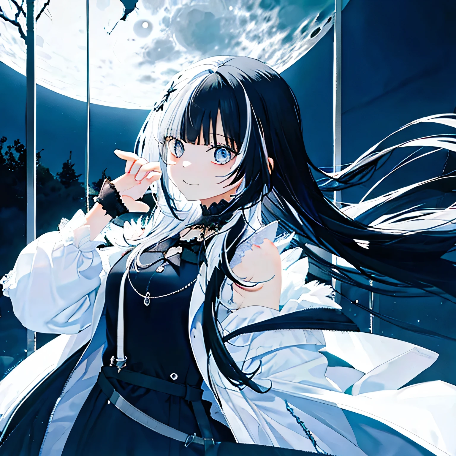 (Realistic painting style:1.1), masterpiece, best quality, absurdres, 1girl, solo, full moon, night sky, long length two-tone black and white hair, with a long strand on each side of her head ending in a tornado-like twirl, eyes are a bright, glowing light blue, wears a white and black jacket and dress that has some 'dripping' parts