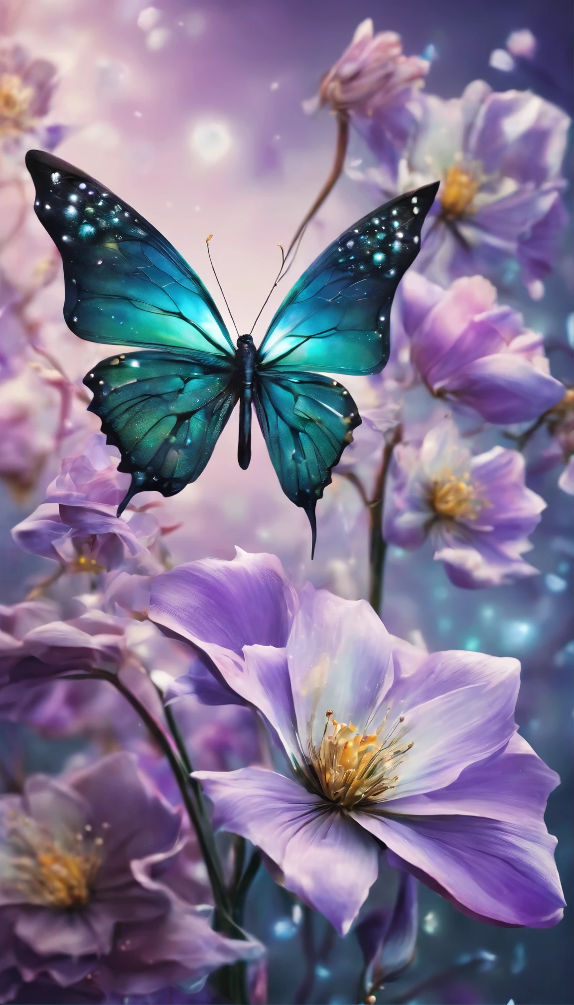 The background is greenblue,moon light,All expressed with jewels, the arrival of spring, various beautiful flower
, Beautiful purple swallowtail butterfly,angles looking up from below, various jewels falling from the sky, wonderful and beautiful superb view, slightly hazy, fantastic, high resolution, 8K, (best quality, highres, realistic:1.37), shiny metallic flowers, intricate and delicate petals, reflective surfaces, vibrant colors, intricate details, close-up view, surreal garden, surreal beauty, dreamy atmosphere, fine art, abstract botanicals, metallic sculpture, contrasting textures, ethereal glow
