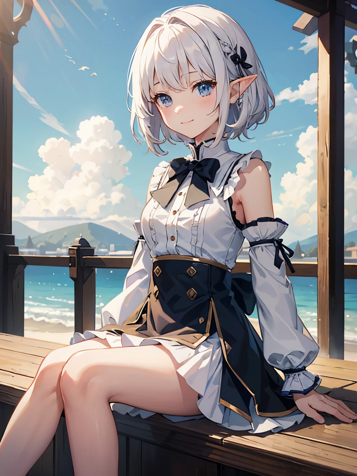 Masterpiece, best quality, high quality, very detailed CG uniform 8k wallpaper, sunlight, shiny hair, shainy eyes, temple, beautiful sky, clouds, 1girl, ten years old girl, chibi, elf, baby face, cute face, beautiful face, blush, smile, short white hair, blue eyes, white dress no sleeves, armpit, thigs, sitting