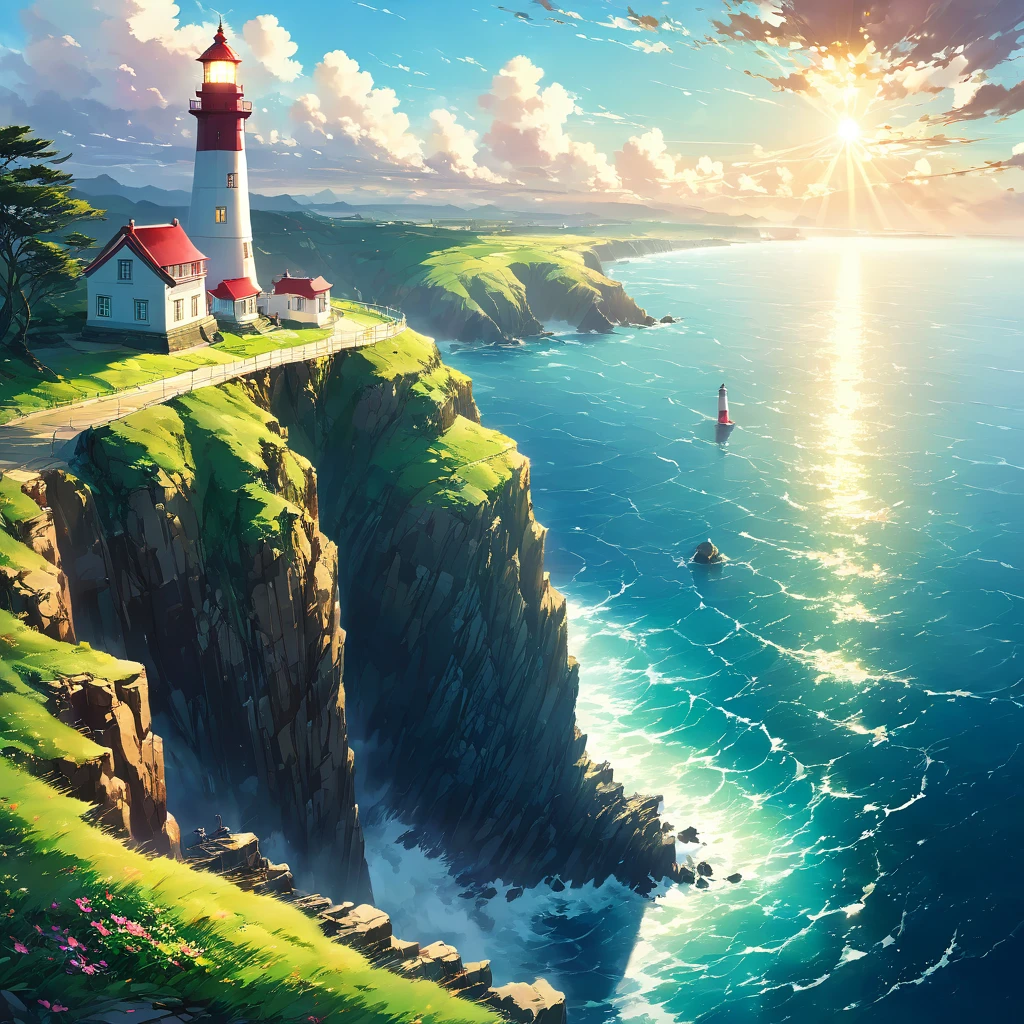 a painting of a Lighthouse on a cliff overlooking the ocean, Ross Tran. Landscape Background, Lighthouse, beautiful Anime Scenery, Landscape painting, Lighthouse, Beautiful digital painting, Andreas Rocha, Beautiful artwork illustration, Awesome Wallpapers, Raymond Han, Tall beautiful paintings, Studio Greeble Makoto Shinkai, Beautiful Wallpapers, Anime Scenery