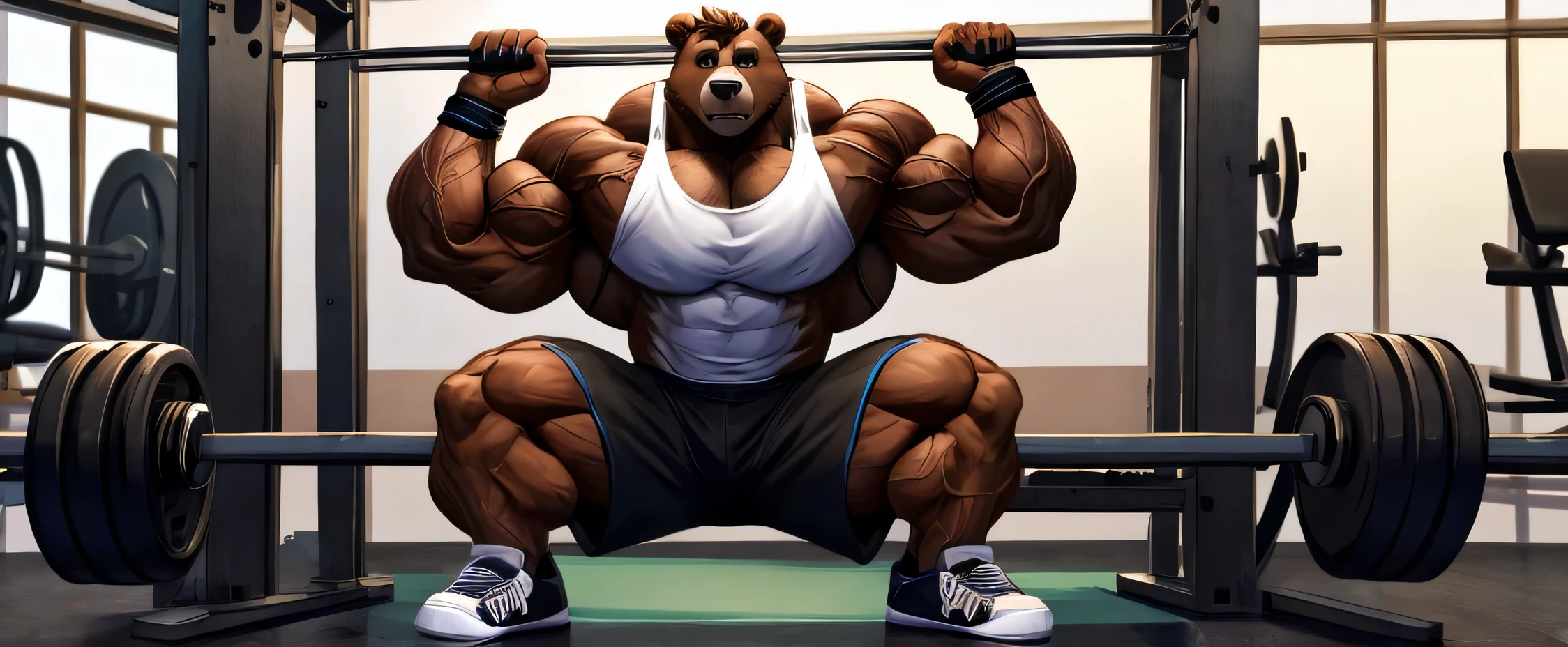 dynamic angle, dynamic pose, power lifting, plump middle-aged american bear man, barbell, squat, brown eyes, beautiful beard, male face, big face, square jawline, male eyes, sharp eyes, big eyes, male eyebrows, innocent look, fluffy body, BREAK sport gym, indoor, masterpiece, best quality, very aesthetic, absurdres,