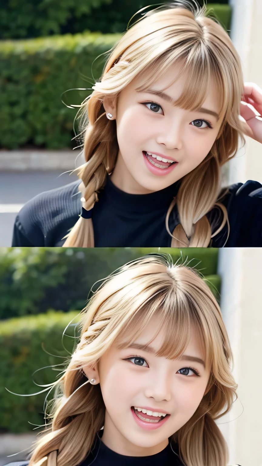 Sexy Big 、Sexy cute looks and cute 15 year old beautiful girl, beautiful and sexy face、A strong wind blows my hair in front of my face、beautiful long blonde French braided hair、beautiful, Cute and sexy eyes hidden behind long bangs、Yawn、Double teeth、