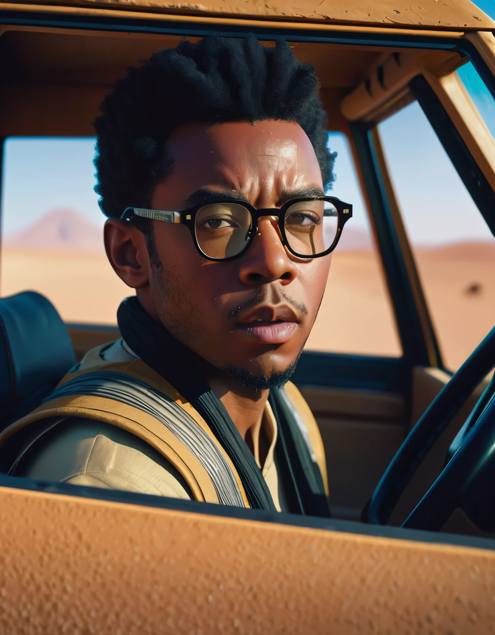 a man with glasses driving a vehicle in the desert, a character portrait, by Michael Komarck, afrofuturism, children's gambino, face-on head shot, humvee, thick neck, anorld render, twoface, afroamerican, hyper realistic absurd, mixed-race, starwars, realistic cartoon, RAW photo, 8k uhd, dslr, soft lighting, high quality, film grain, Fujifilm XT3, (high detailed skin:1.2)
