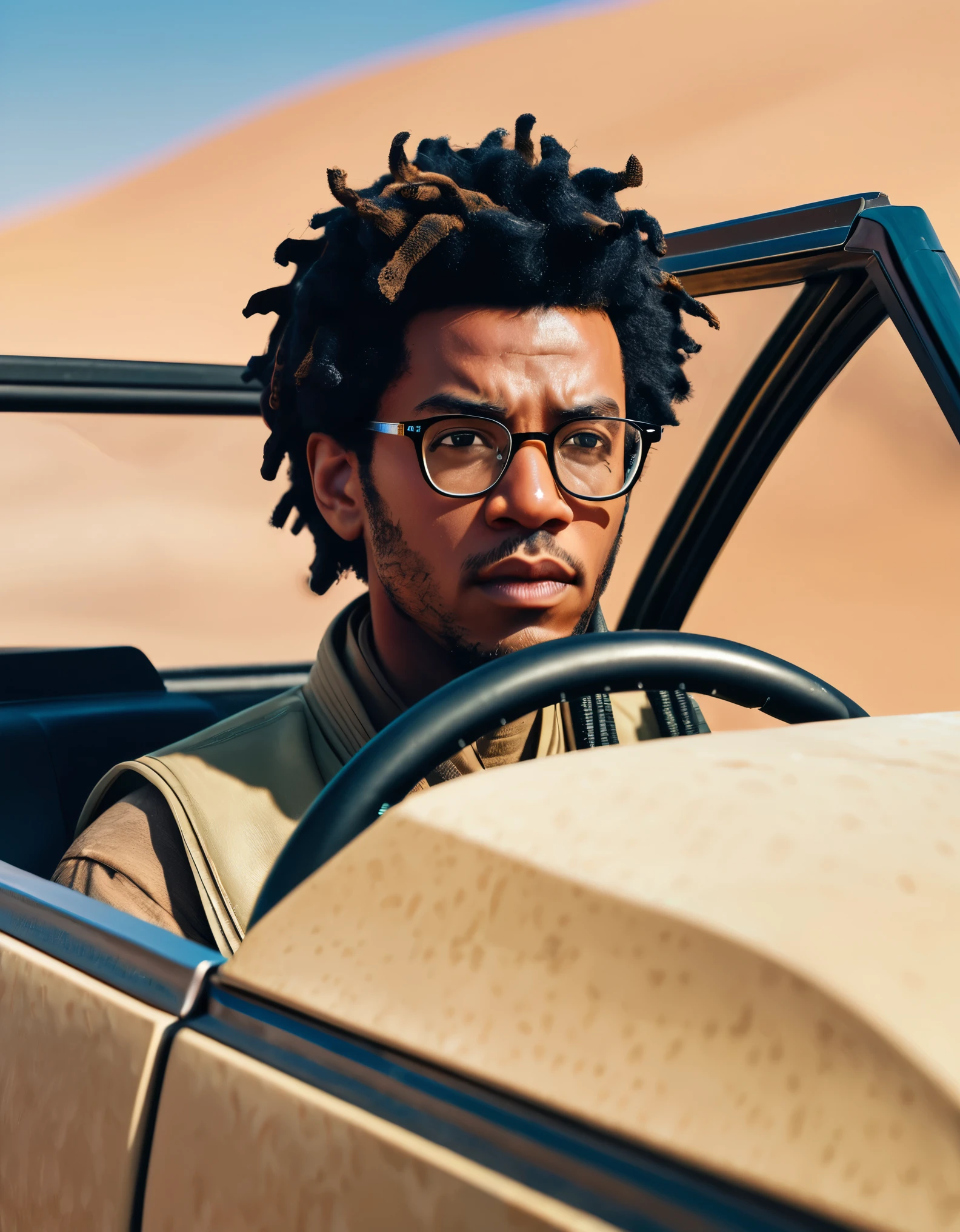 a man with glasses driving a vehicle in the desert, a character portrait, by Michael Komarck, afrofuturism, children's gambino, face-on head shot, humvee, thick neck, anorld render, twoface, afroamerican, hyper realistic absurd, mixed-race, starwars, realistic cartoon, RAW photo, 8k uhd, dslr, soft lighting, high quality, film grain, Fujifilm XT3, (high detailed skin:1.2)