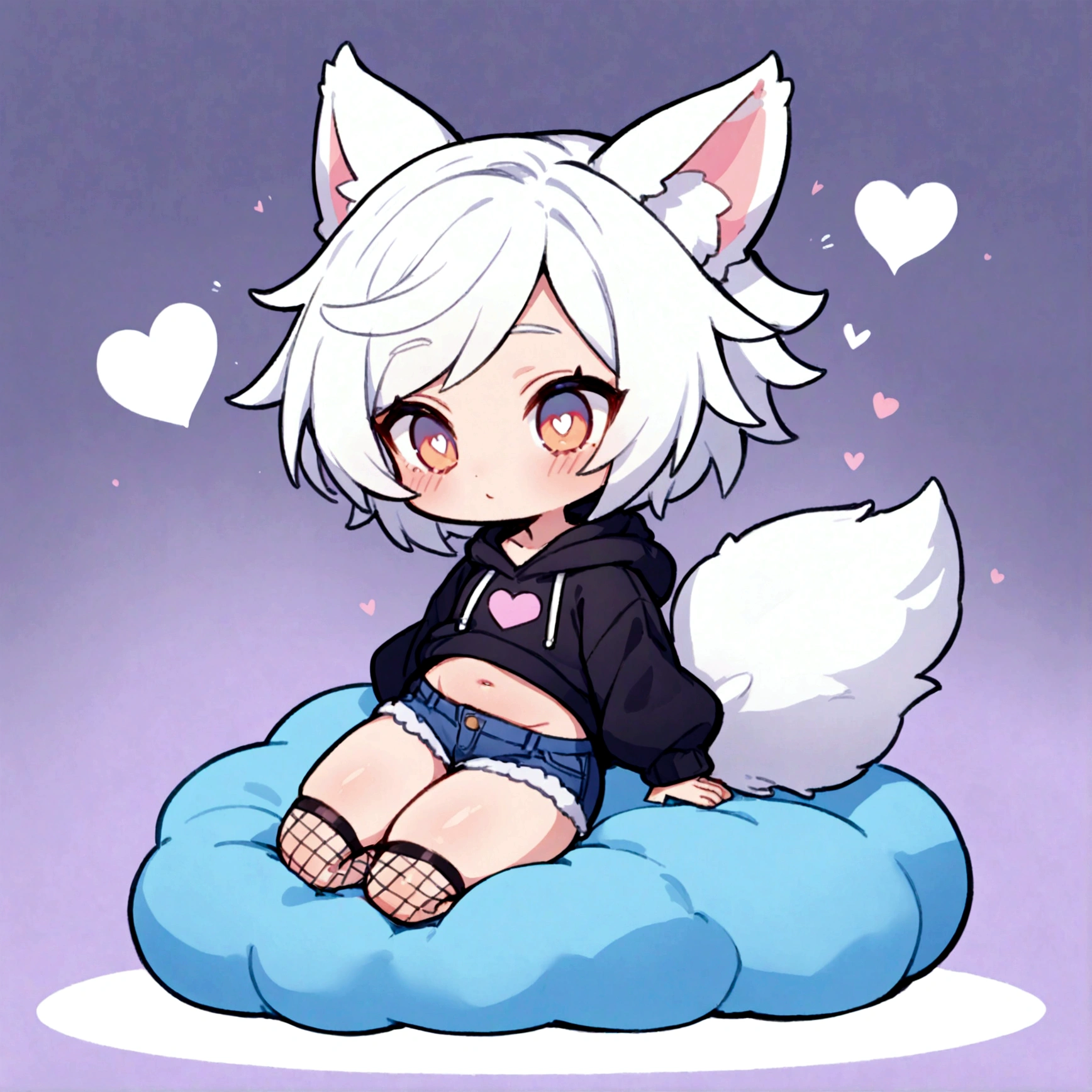 a cute chibi style adult male with wolf ears, white hair, has a wolf tail, wearing a loose cropped oversized black hoodie, wearing a pair of denim short shorts and fishnet stockings, thick thighs, wide hips, relaxing on mound of fluffy animal plushies, short, very slim, showing slender tummy, stretching out, heart on hoodie, squishy thighs, solo, alone, (SOLO)(ALONE)
