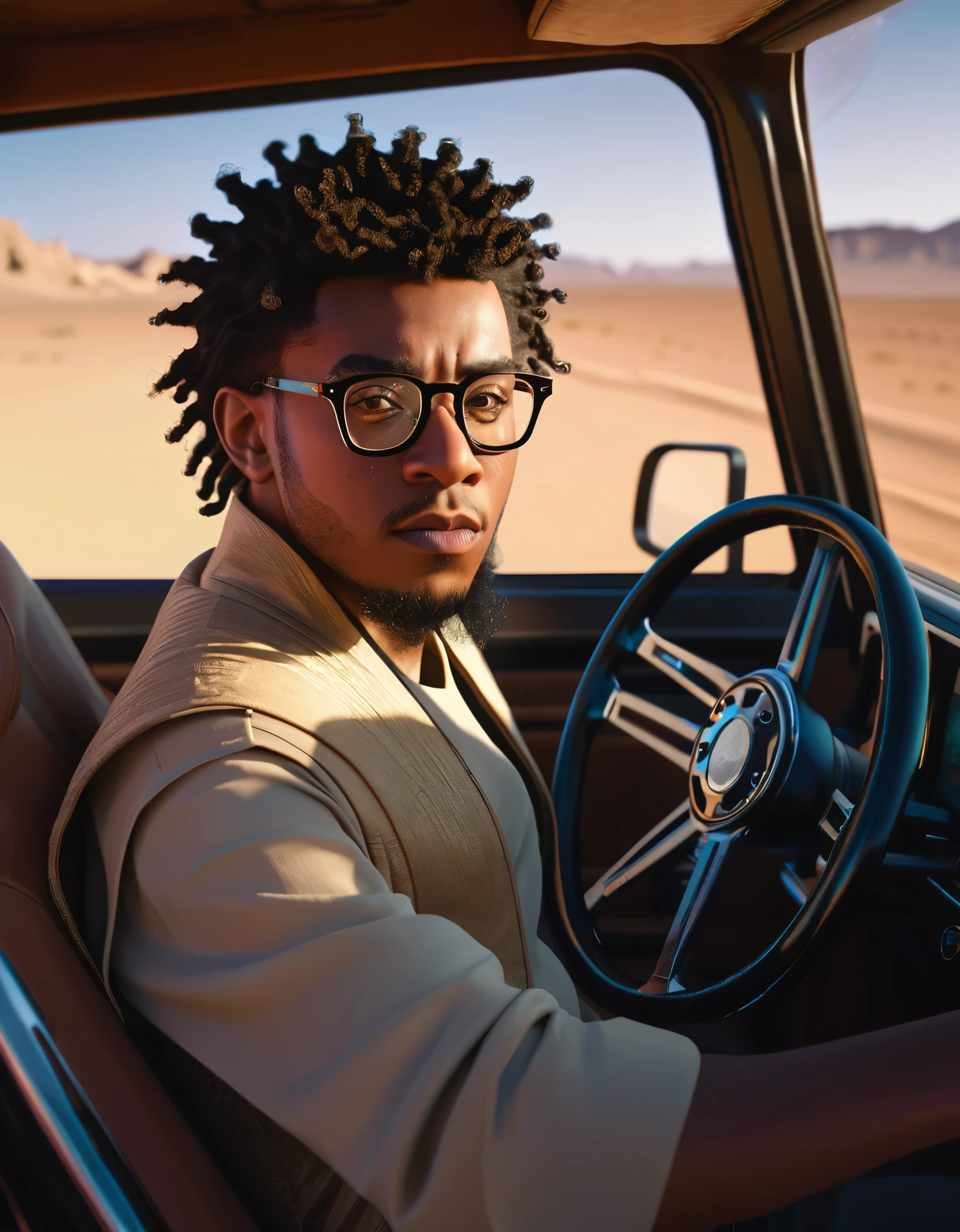 a man with glasses driving a vehicle in the desert, a character portrait, by Michael Komarck, afrofuturism, children's gambino, face-on head shot, humvee, thick neck, anorld render, twoface, afroamerican, hyper realistic absurd, mixed-race, starwars, realistic cartoon, RAW photo, 8k uhd, dslr, soft lighting, high quality, film grain, Fujifilm XT3, (high detailed skin:1.2)