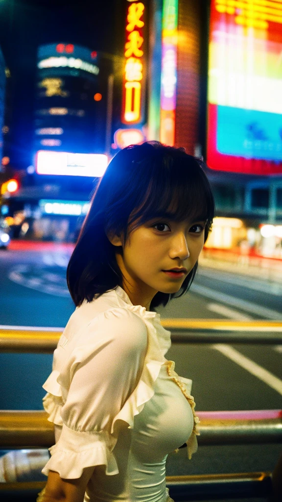 Masterpiece, (best quality:1.4), ultra high res, master photography, professional color grading, depth of fields, rule of third, 50mm, film grain, (photorealistic:1.4), cinematic lighting, chromatic abberation, 1girl, wearing dress, detailed face, detailed eyes, lookingto the camera, front view, cowboy shot, Hong Kong street background, night, city light, blurry background